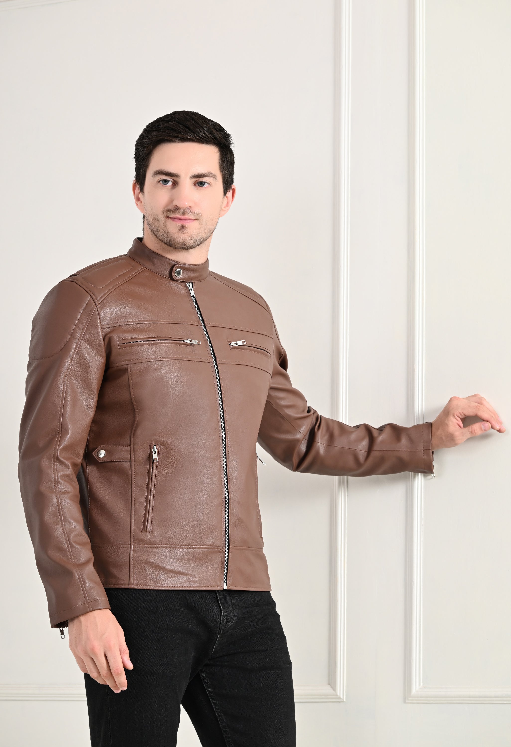 Mandarin Collar Long Sleeves Classic Look Lightweight Tan Leather Jacket