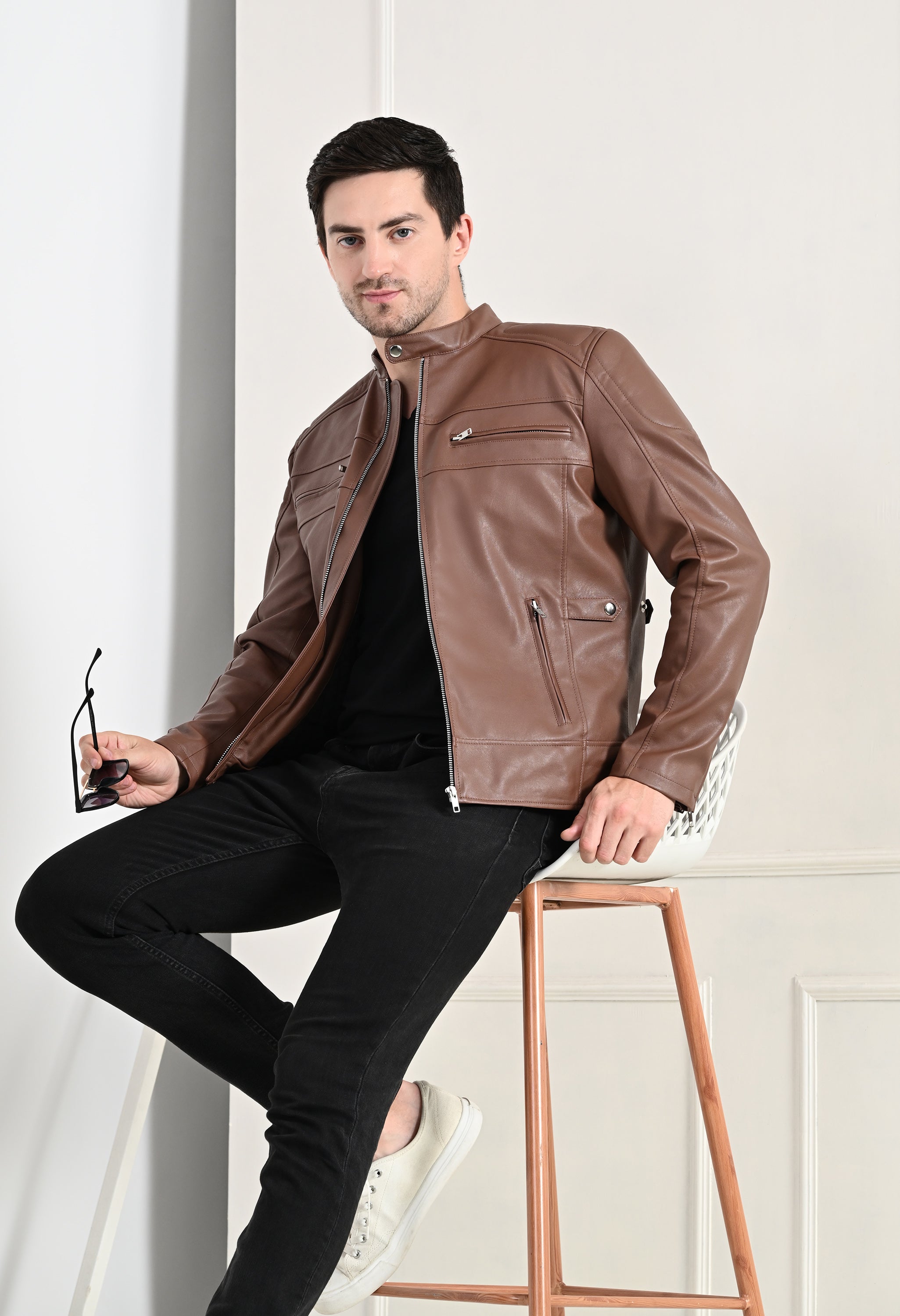 Mandarin Collar Long Sleeves Classic Look Lightweight Tan Leather Jacket