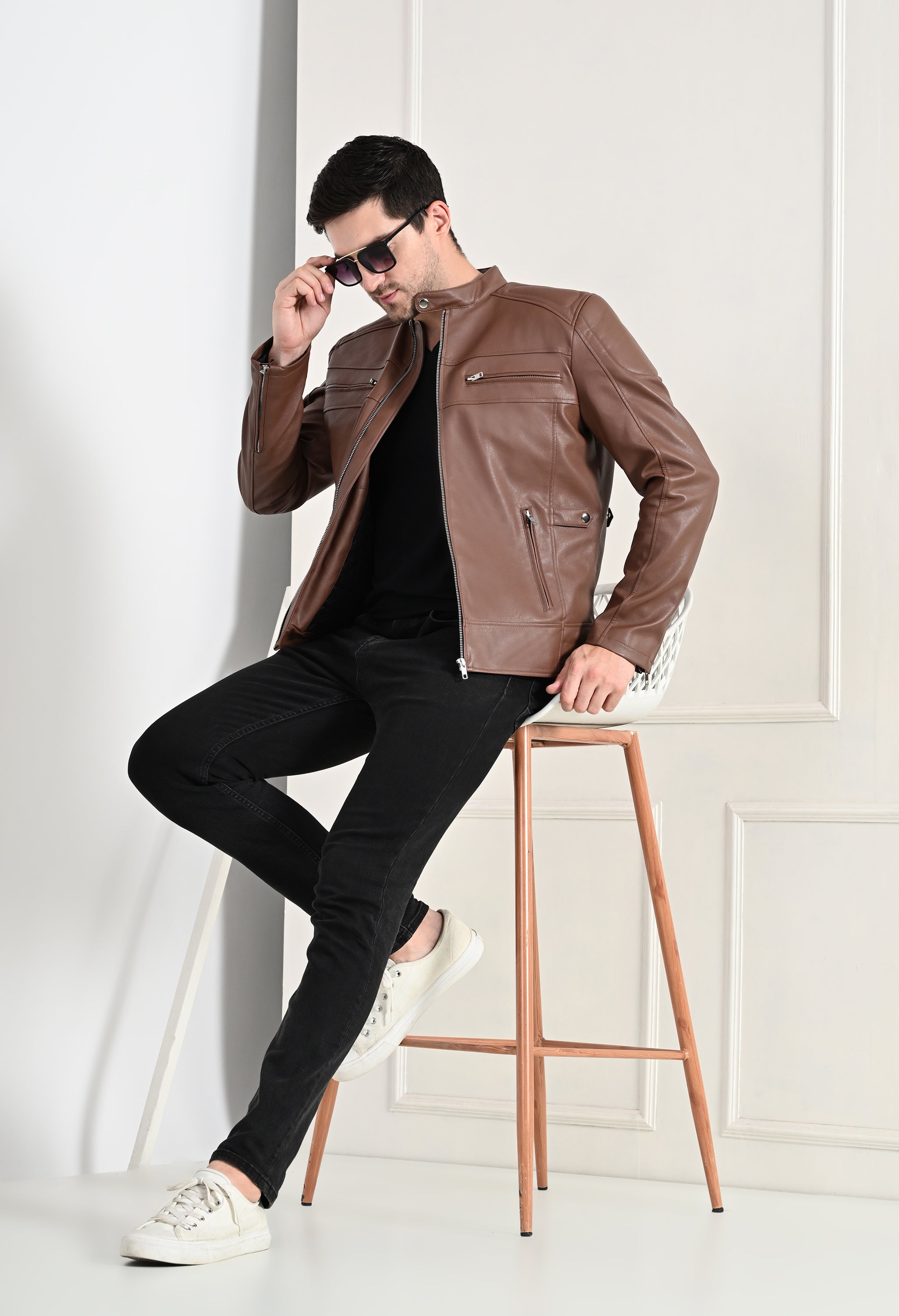 Mandarin Collar Long Sleeves Classic Look Lightweight Tan Leather Jacket