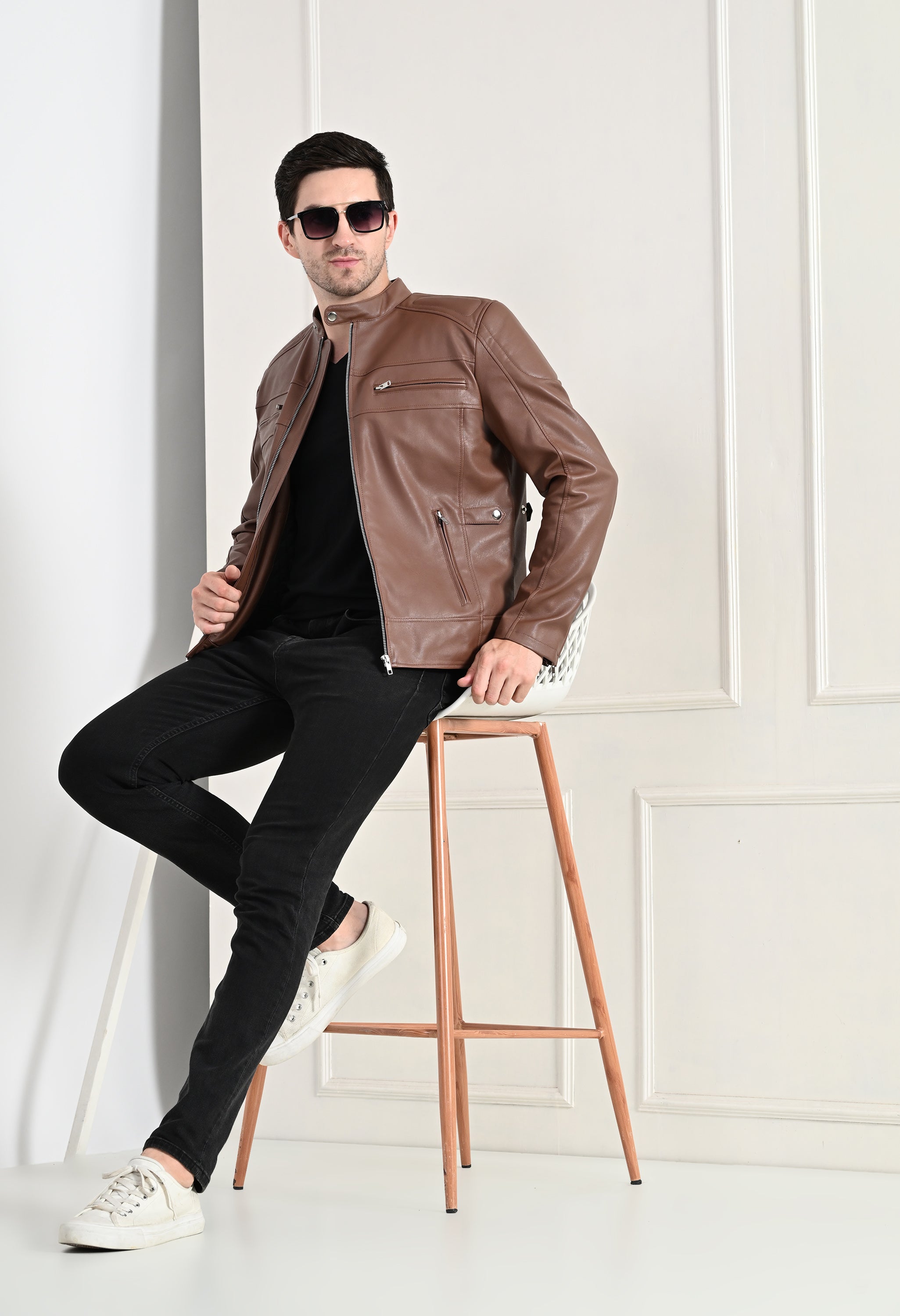 Mandarin Collar Long Sleeves Classic Look Lightweight Tan Leather Jacket