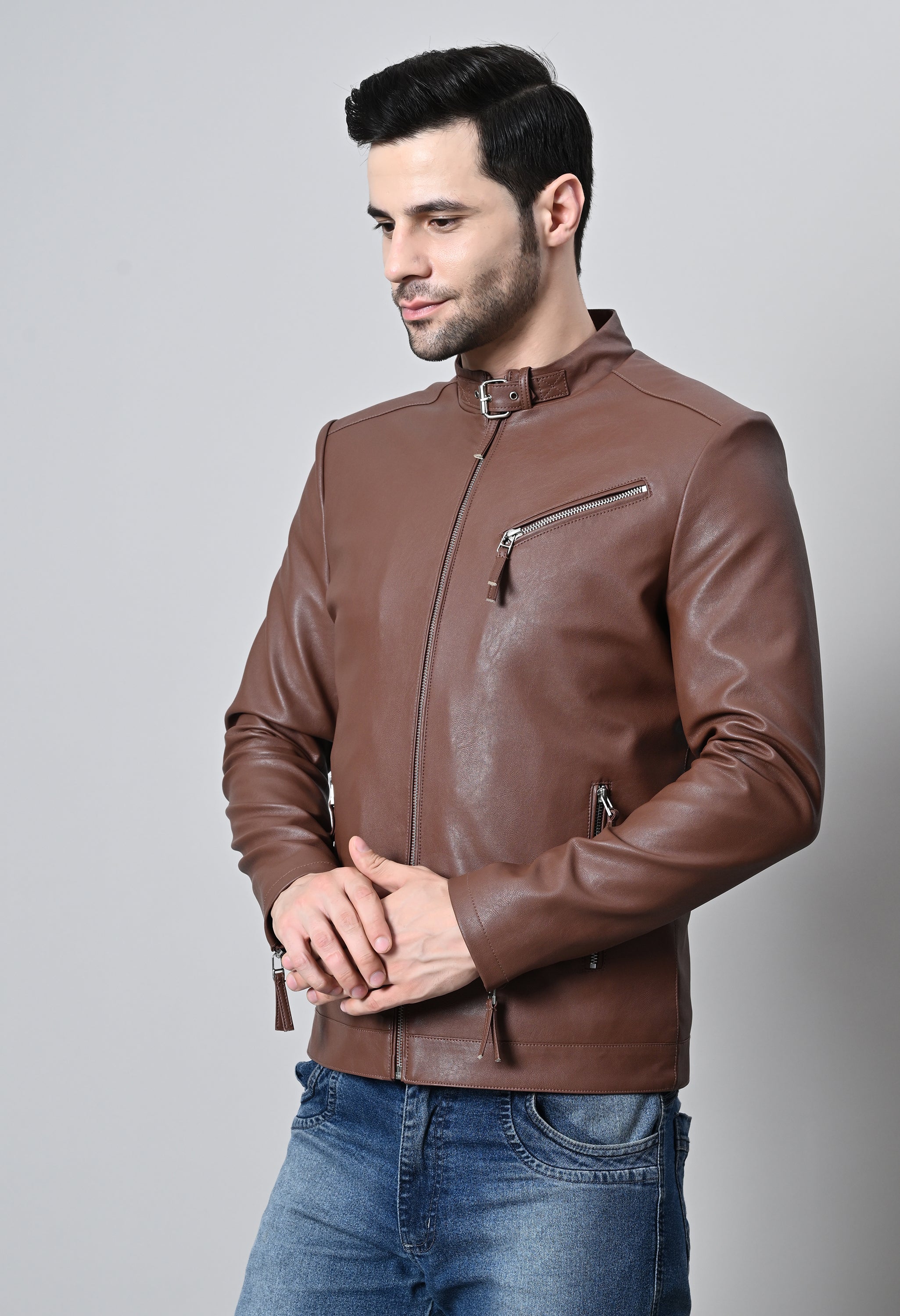 Men Leather Lightweight Biker Tan Jacket