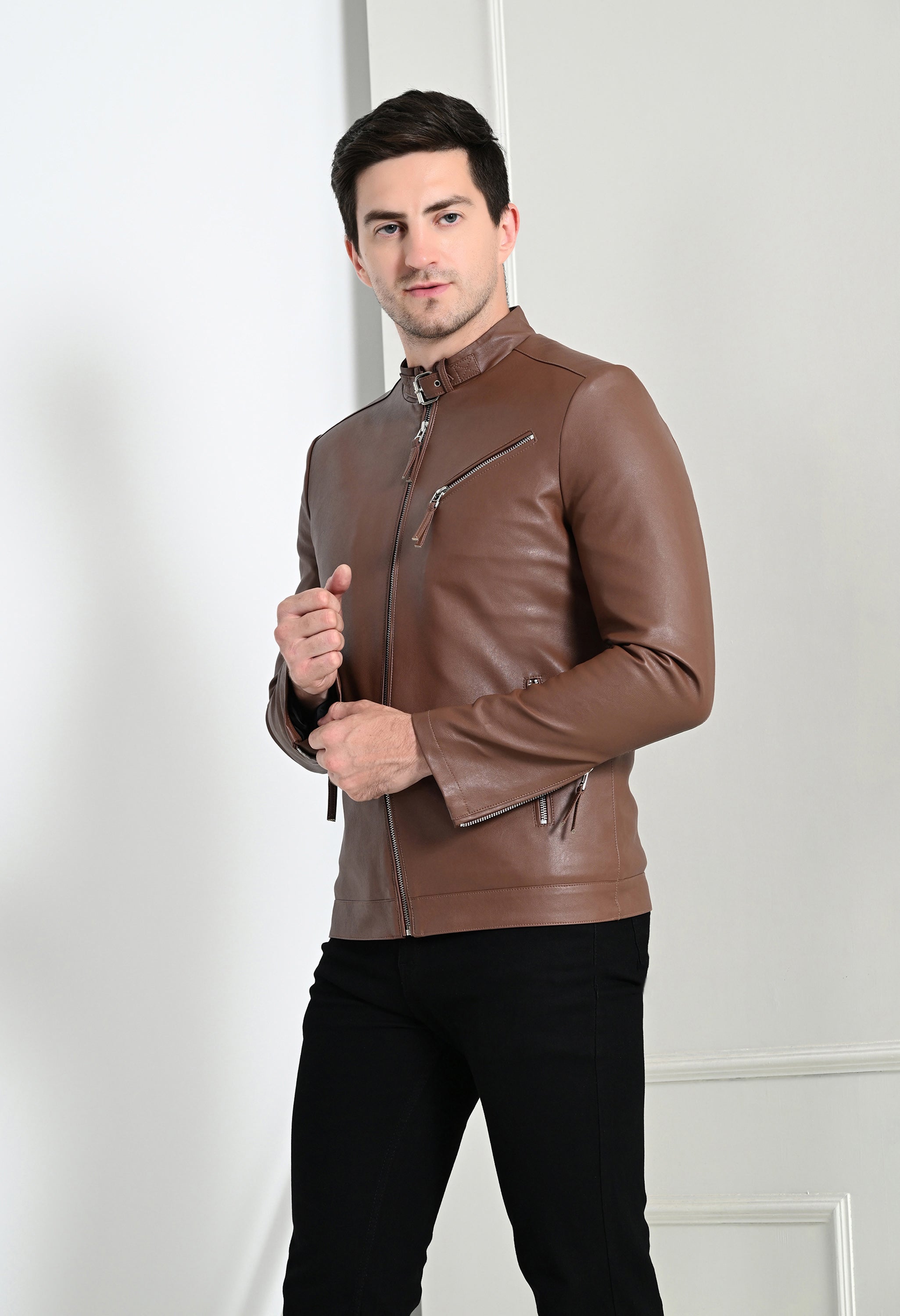 Men Leather Lightweight Tan Biker Jacket
