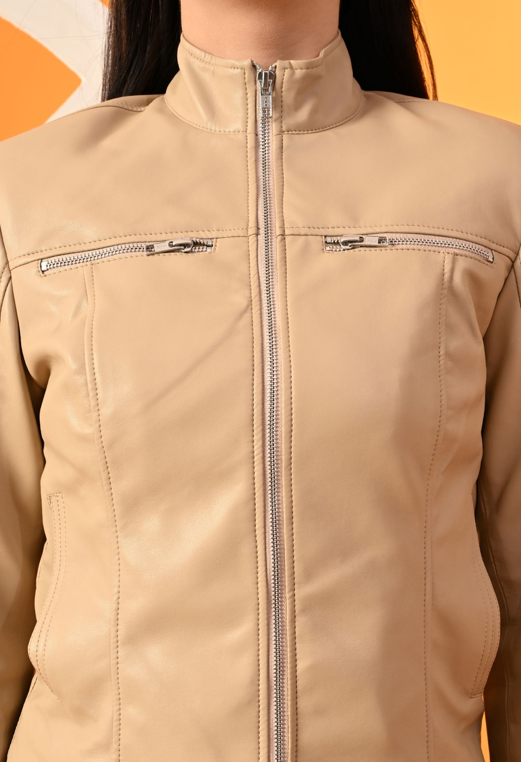 Leather Water Resistant Outdoor Beige Biker Jacket