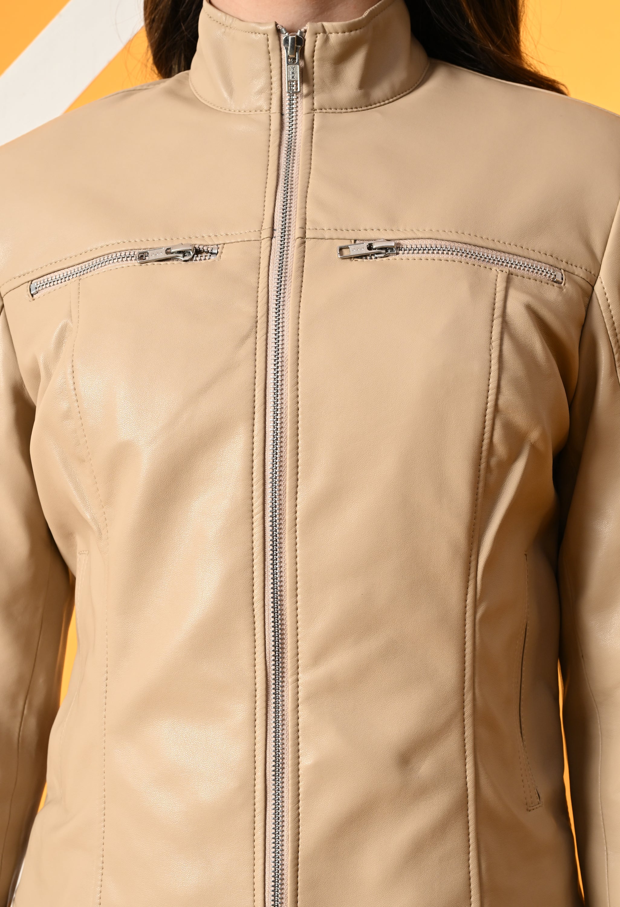 Women Mock Collar Solid Water Resistant Biker Jacket