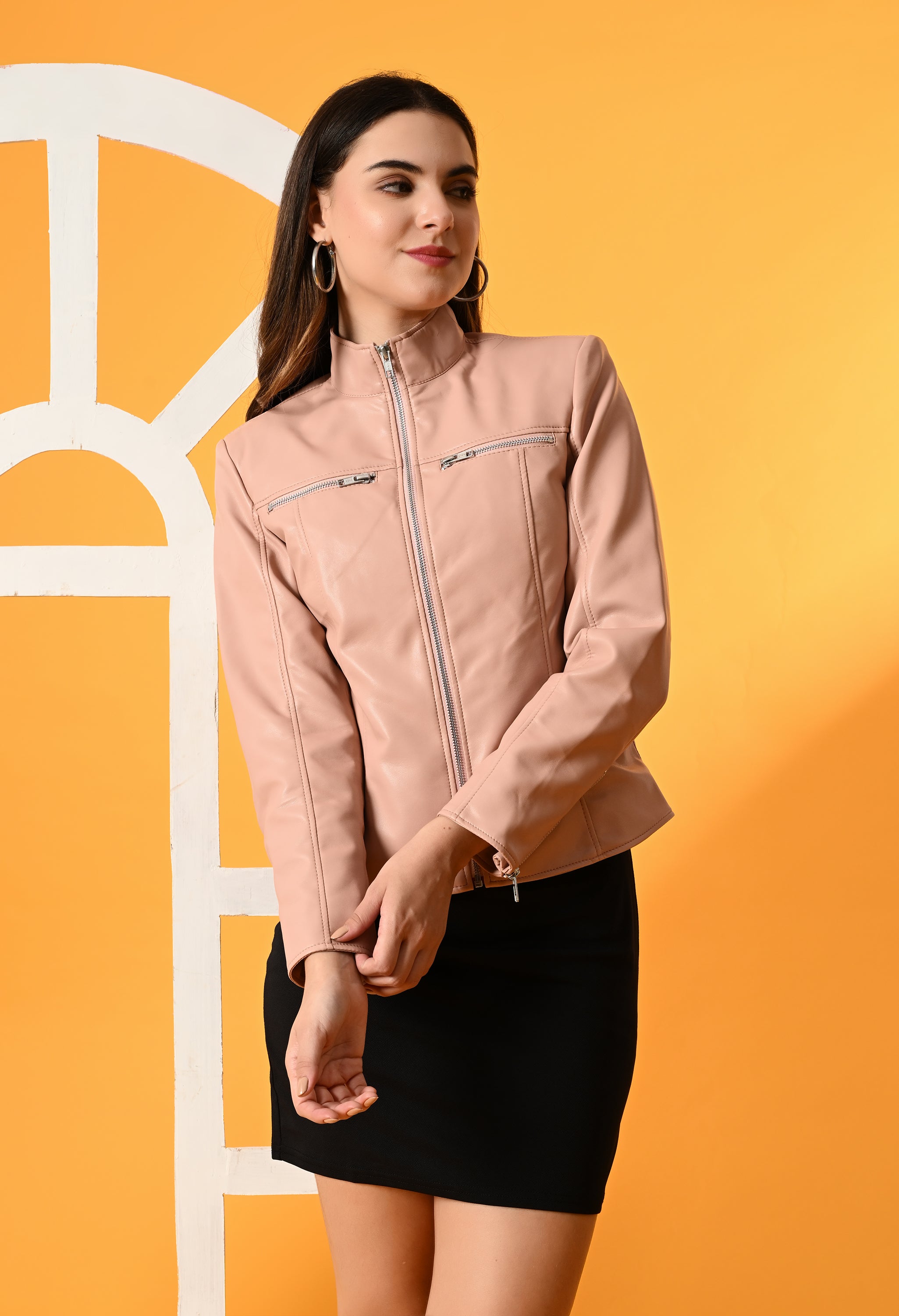 Women Mock Collar Solid Water Resistant Biker Jacket