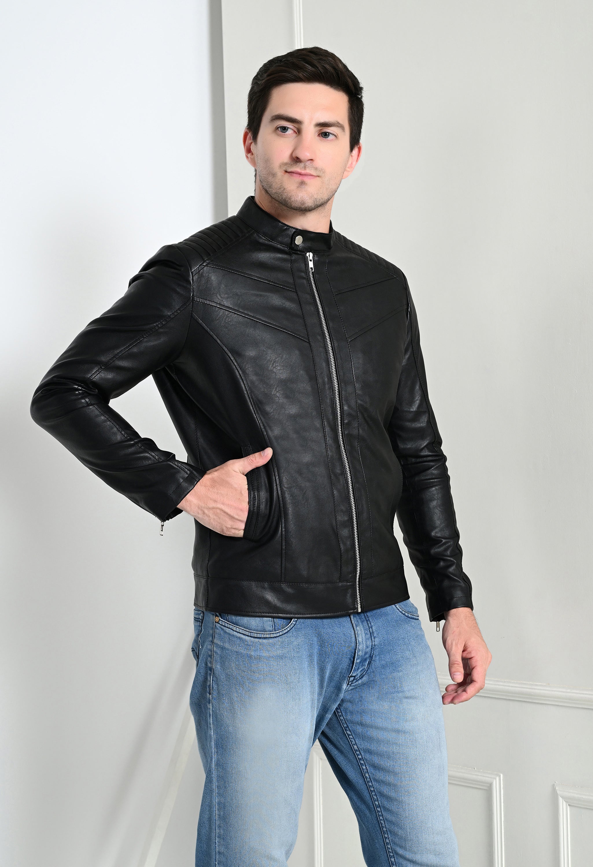 Mandarin Collar Leather Anti Odour Black Jacket for Men