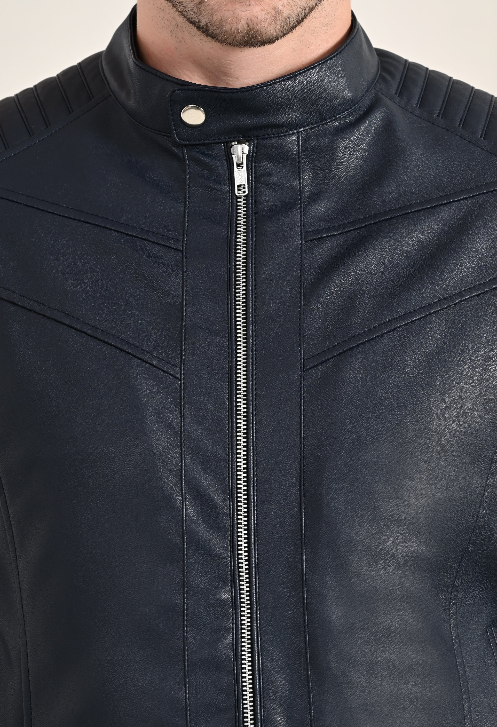 Mandarin Collar Leather Anti Odour Blue Jacket for Men