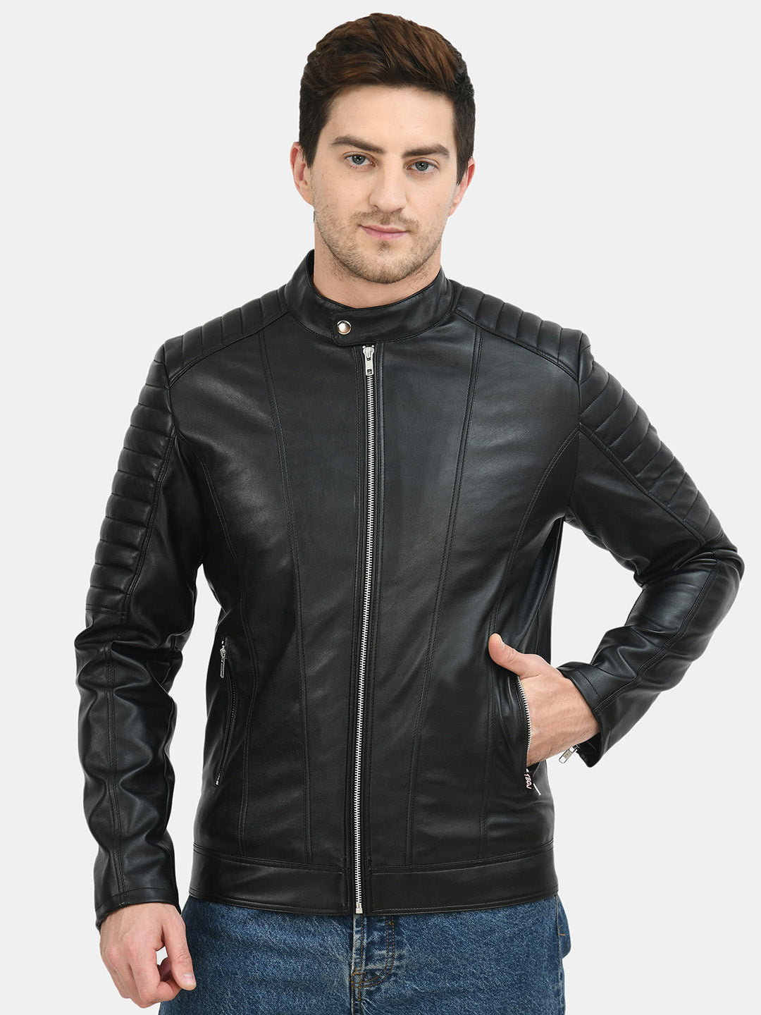 Anti Odour Black Leather Bomber Jacket For Men