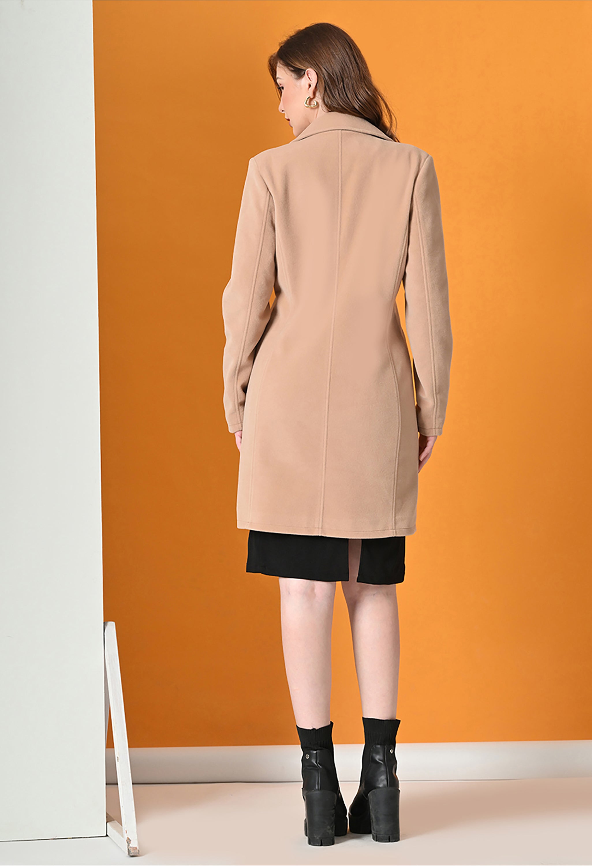 Notched Lapel Longline Trench Beige Coat For Women