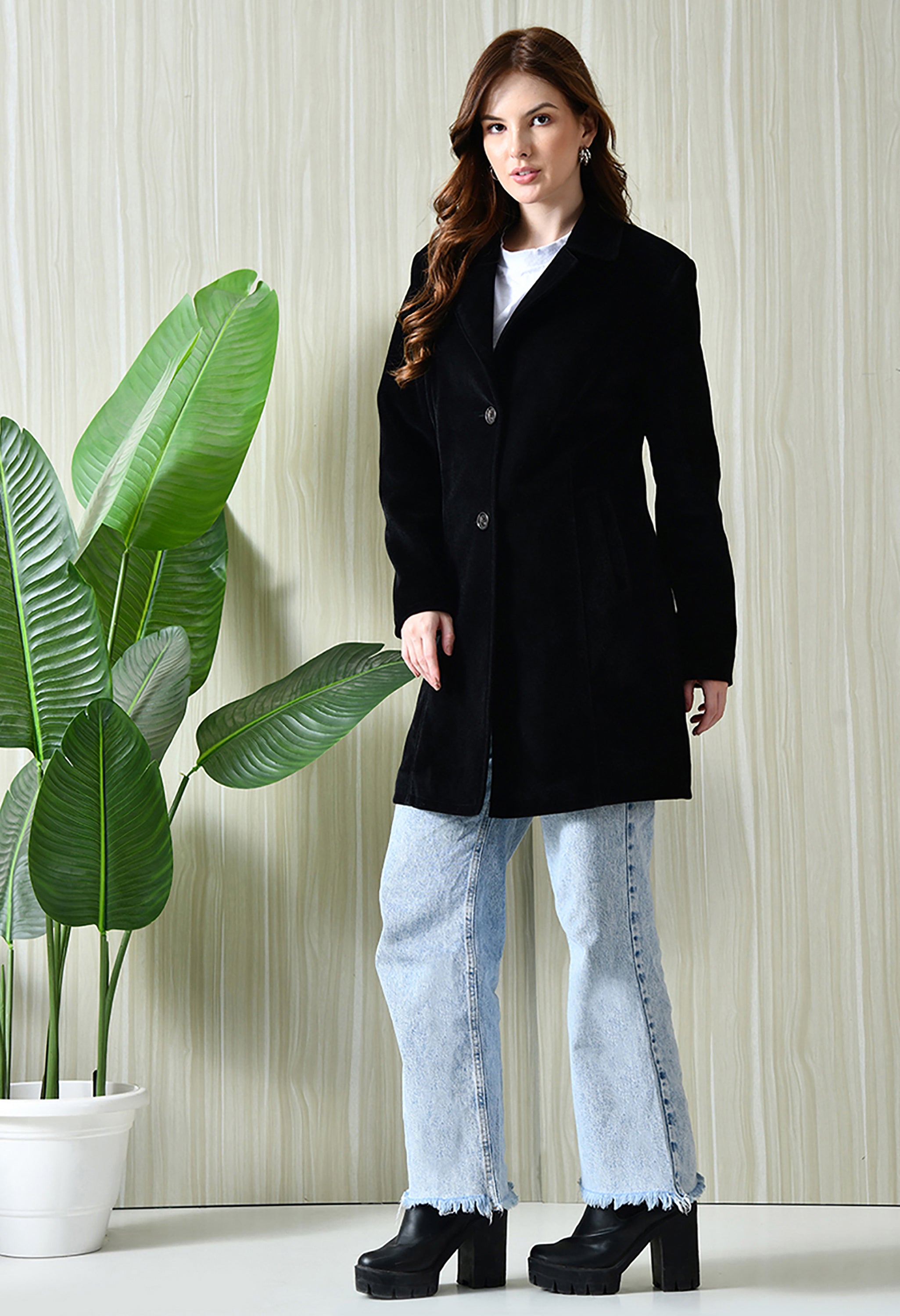 Notched Lapel Longline Trench Black Coat For Women