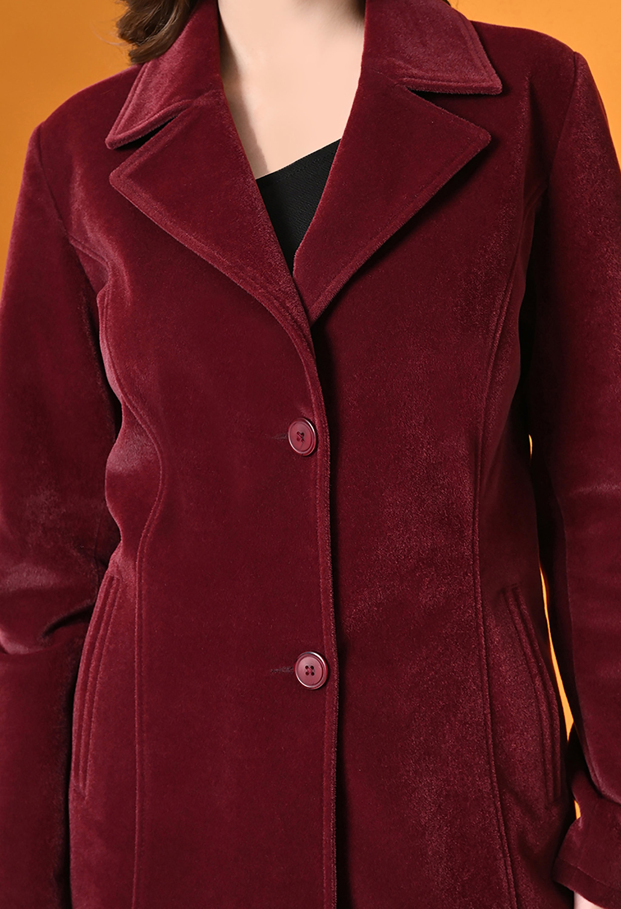 Notched Lapel Longline Trench Maroon Coat For Women