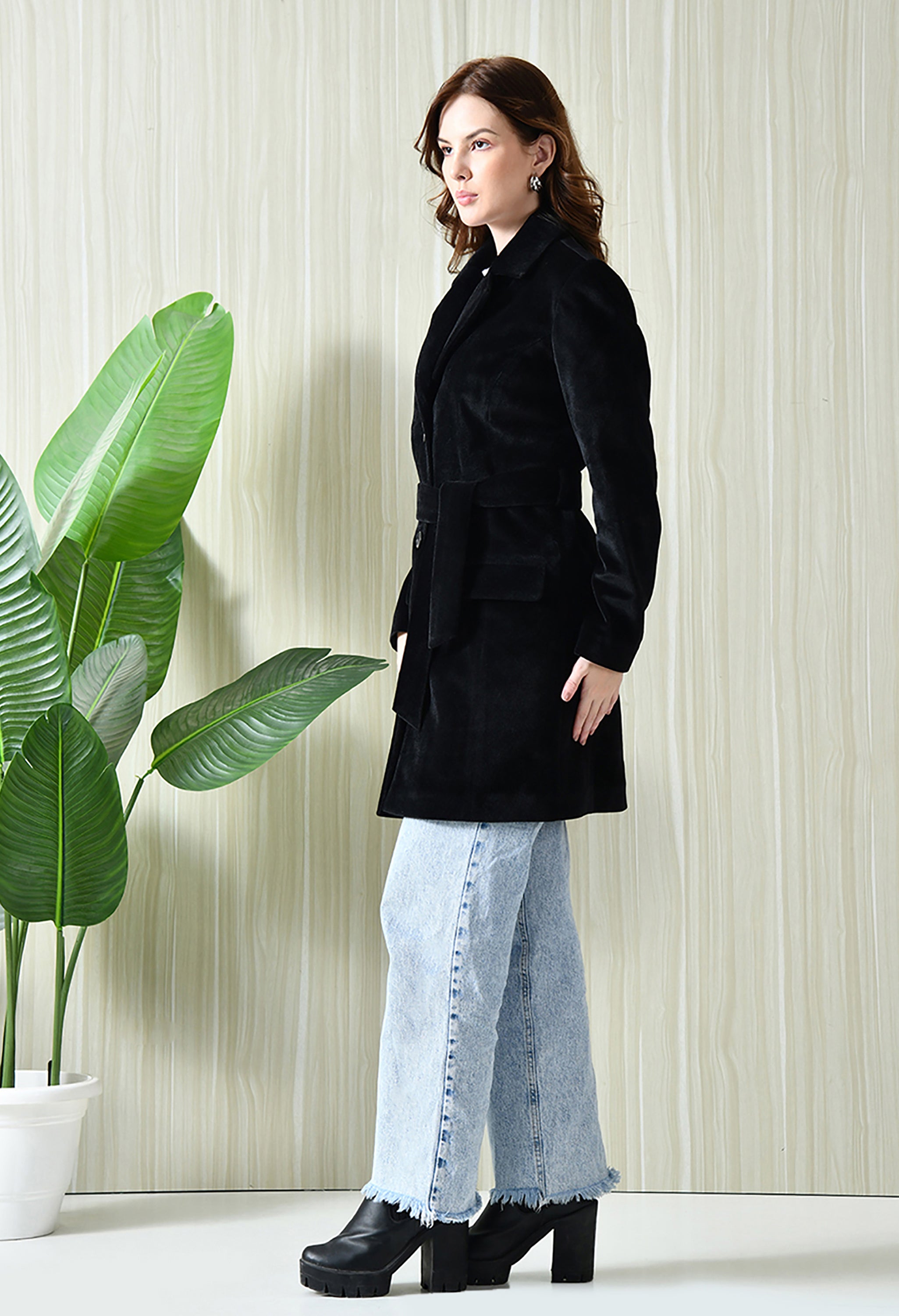 Women Single-Breasted Longline Trench Black Coat With Belt