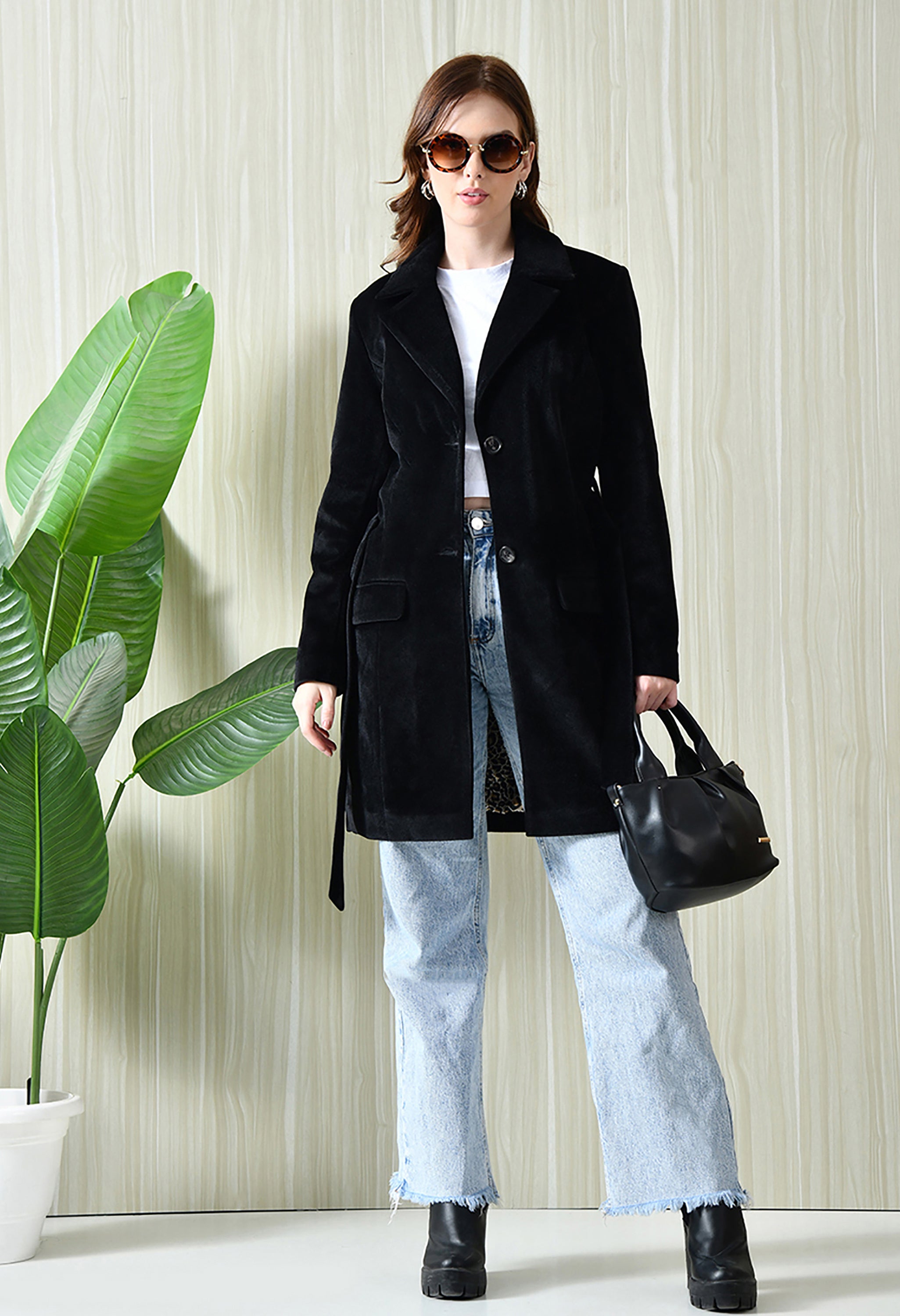 Women Single-Breasted Longline Trench Black Coat With Belt