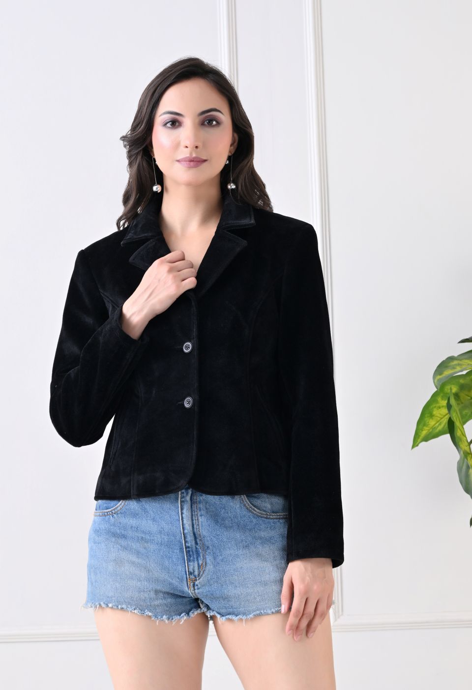 Washed Suede Crop Oversized Bomber Black Tailored Jacket
