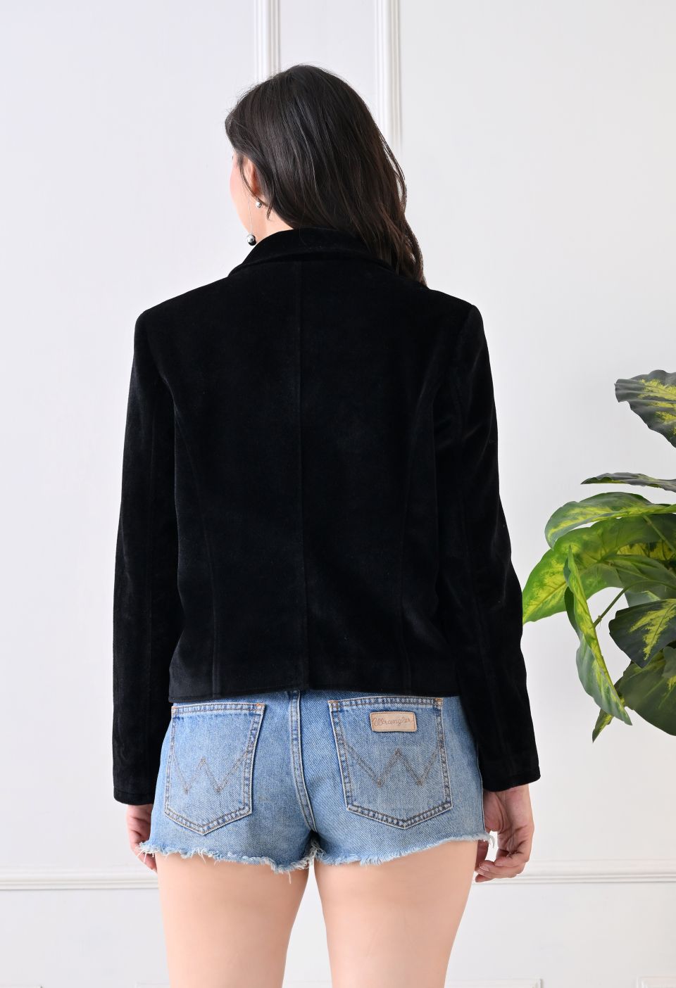Washed Suede Crop Oversized Bomber Black Tailored Jacket