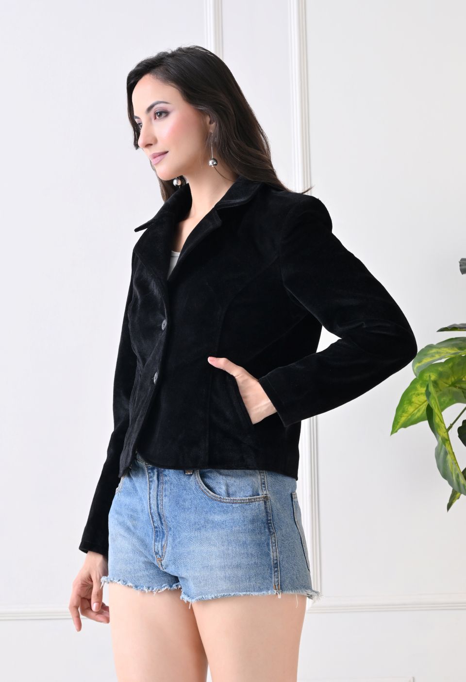 Washed Suede Crop Oversized Bomber Black Tailored Jacket