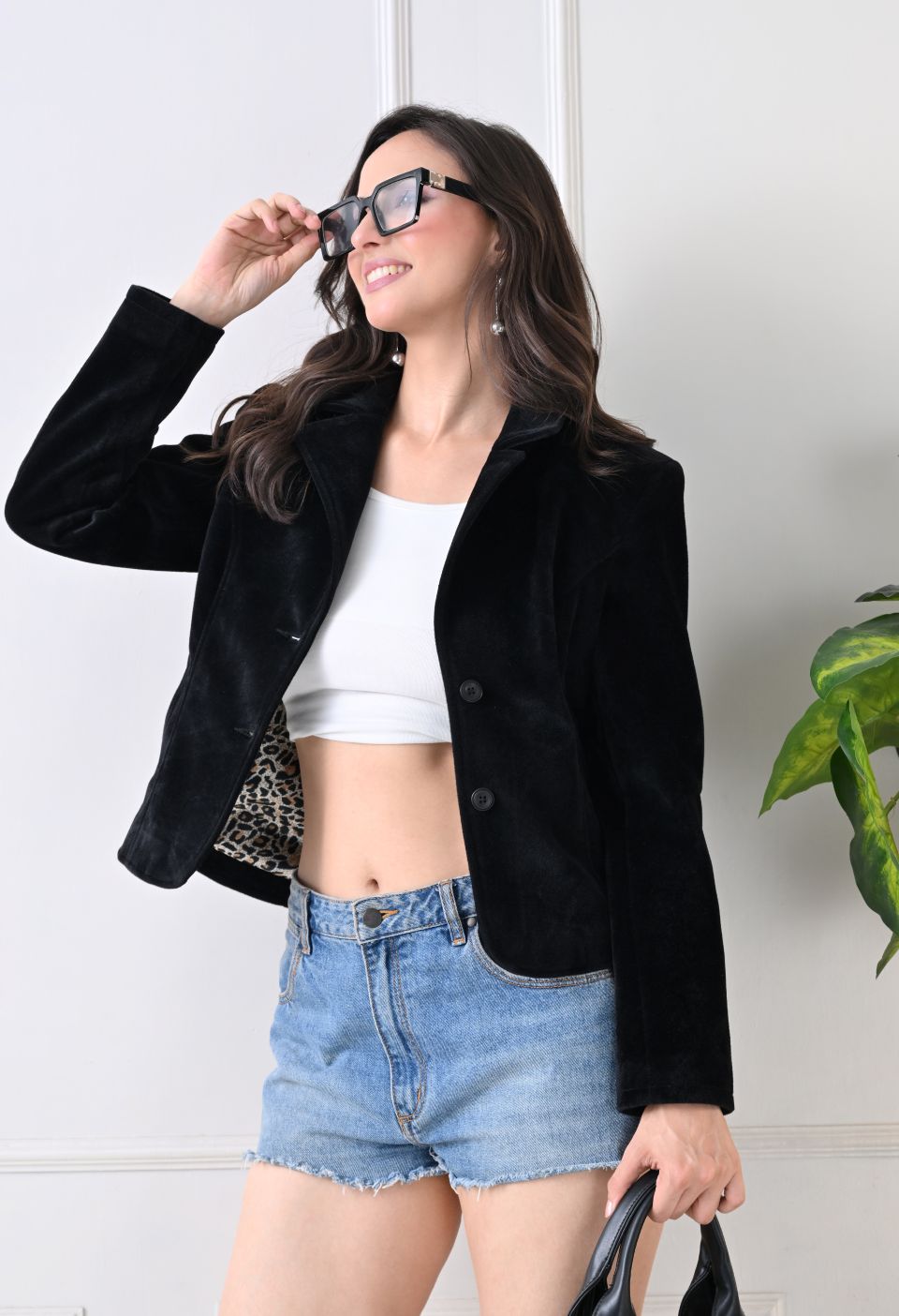 Washed Suede Crop Oversized Bomber Black Tailored Jacket