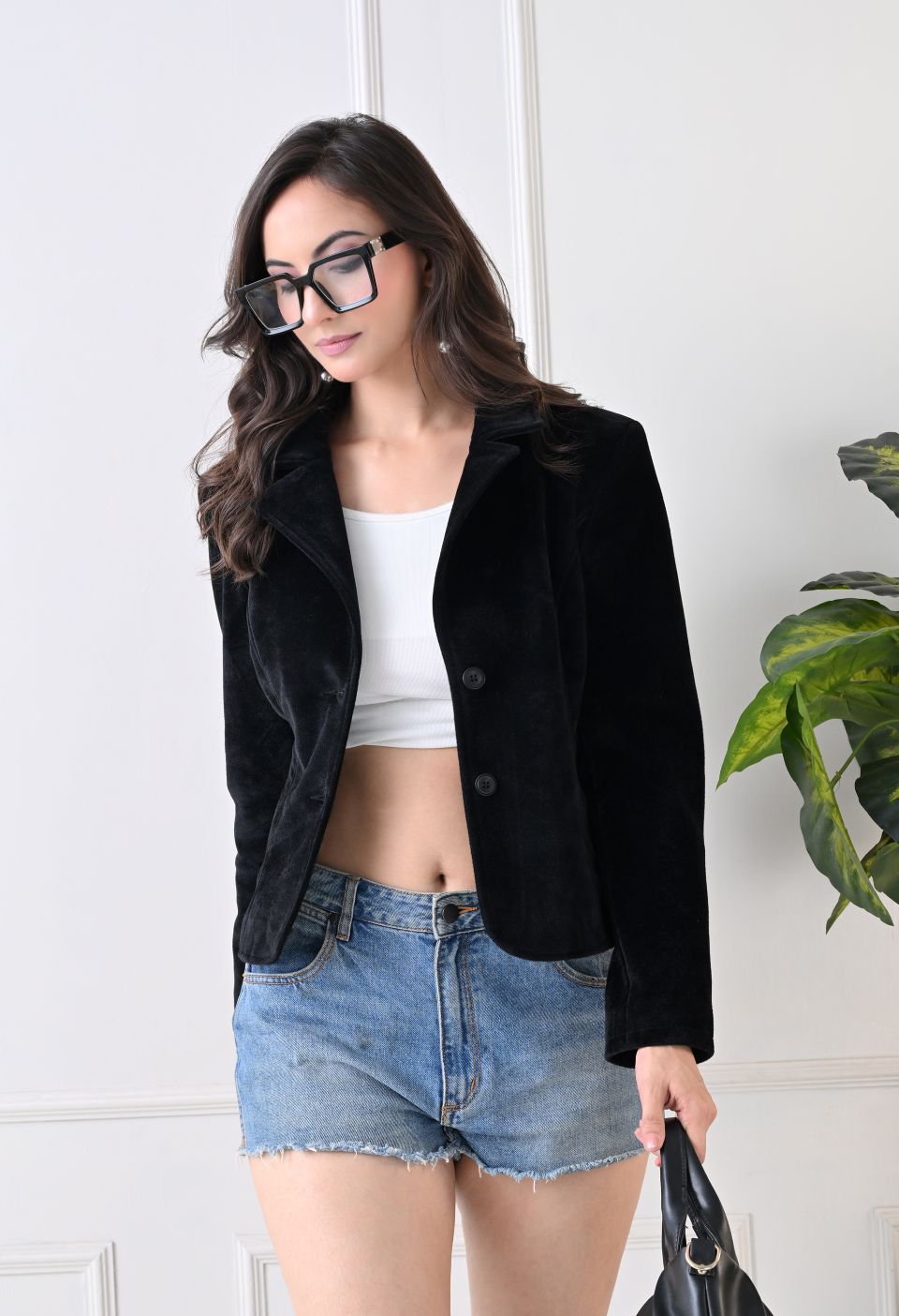 Washed Suede Crop Oversized Bomber Black Tailored Jacket