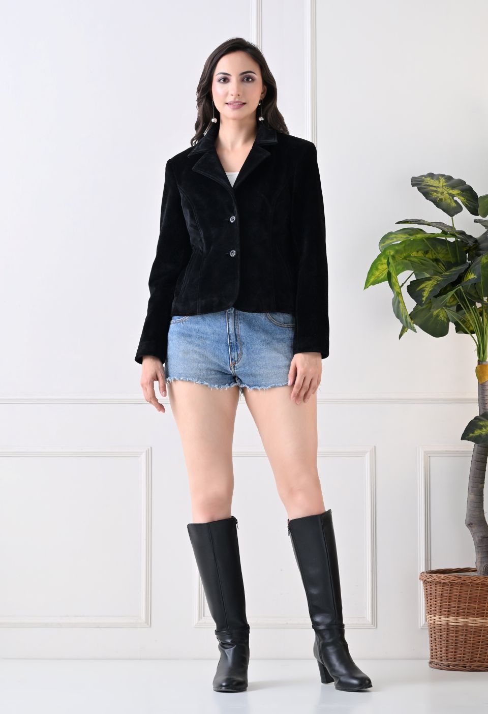 Washed Suede Crop Oversized Bomber Black Tailored Jacket