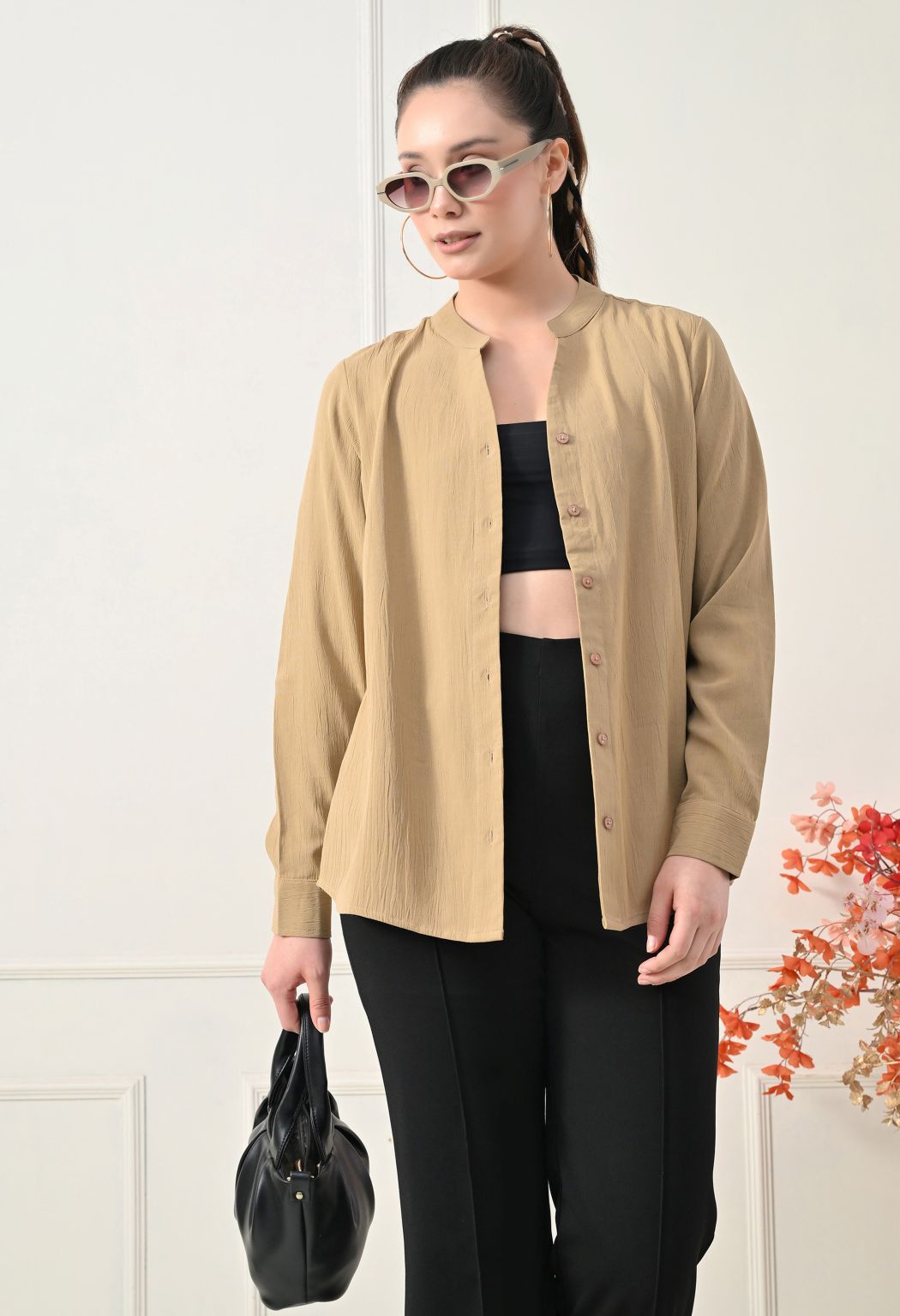Women Beige Solid Comfort Casual Shirts