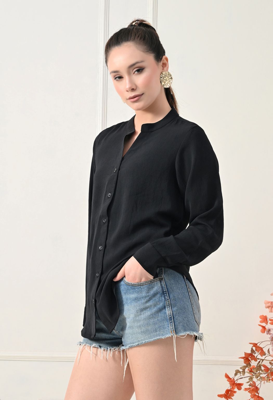 Women Black Comfort Solid Casual Shirt