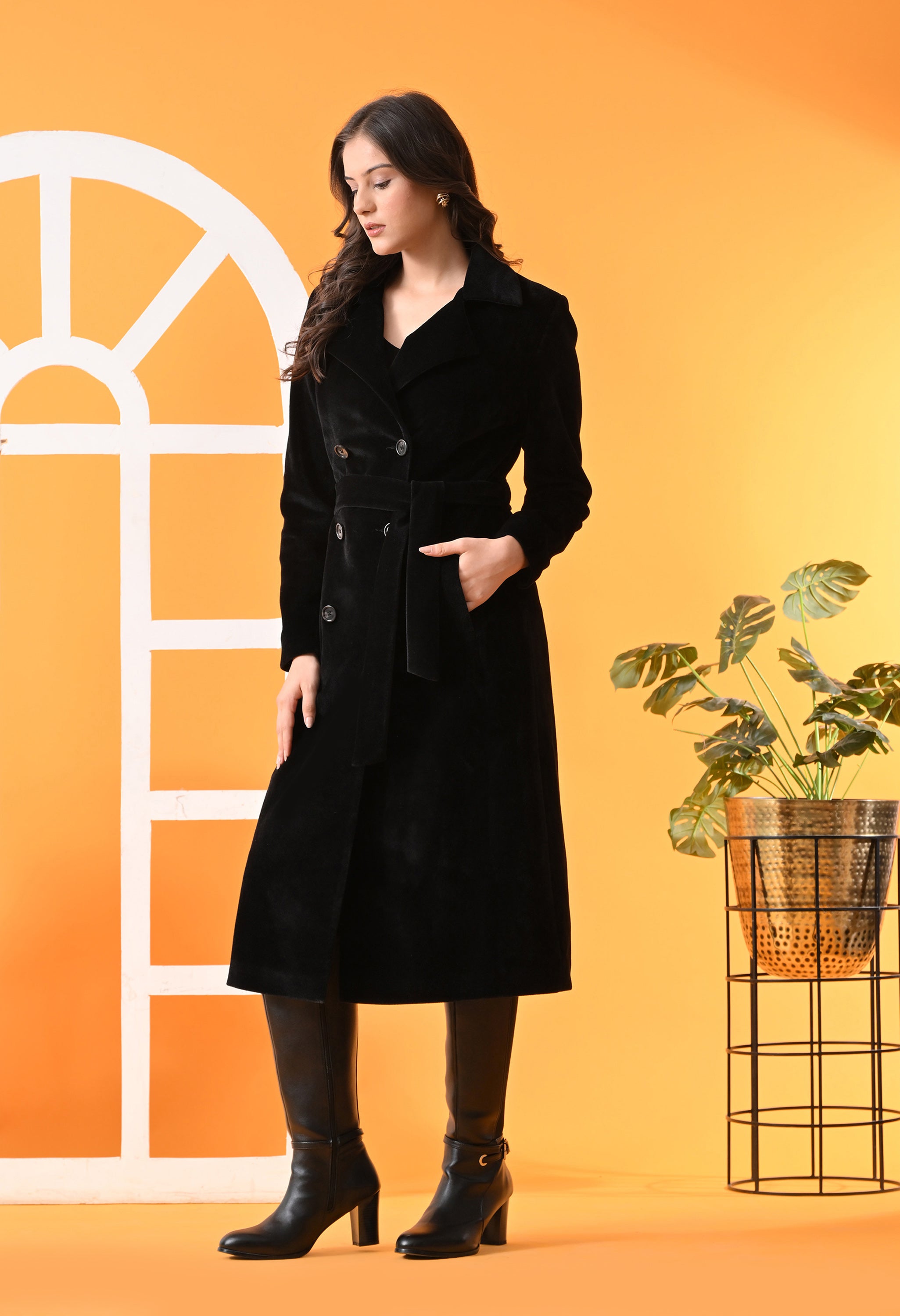 Notched Lapel Double-Breasted Trench Black Coat For Women