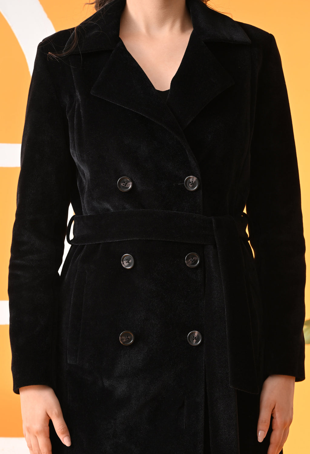 Notched Lapel Double-Breasted Trench Black Coat For Women