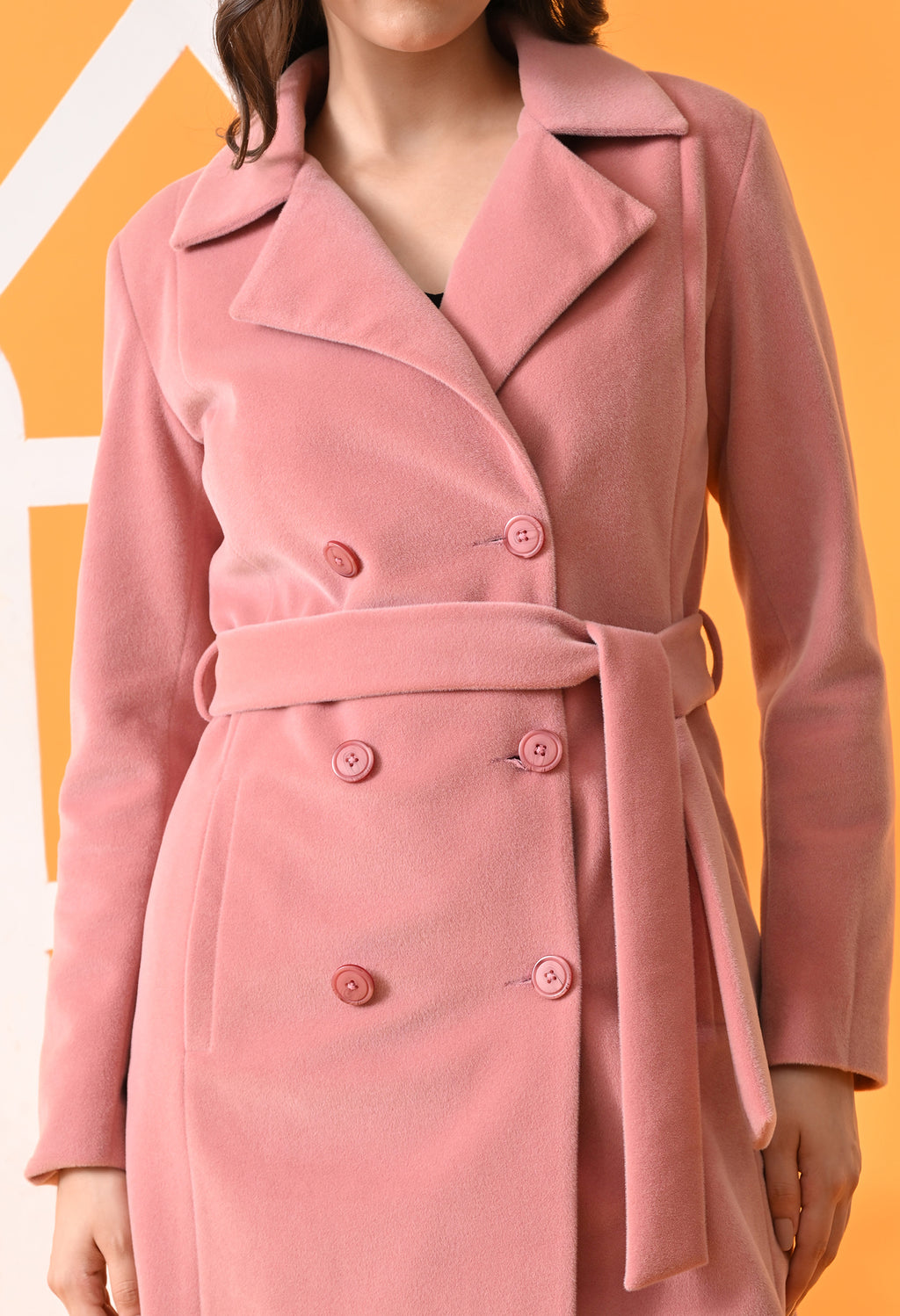Notched Lapel Double-Breasted Trench Pink Coat For Women