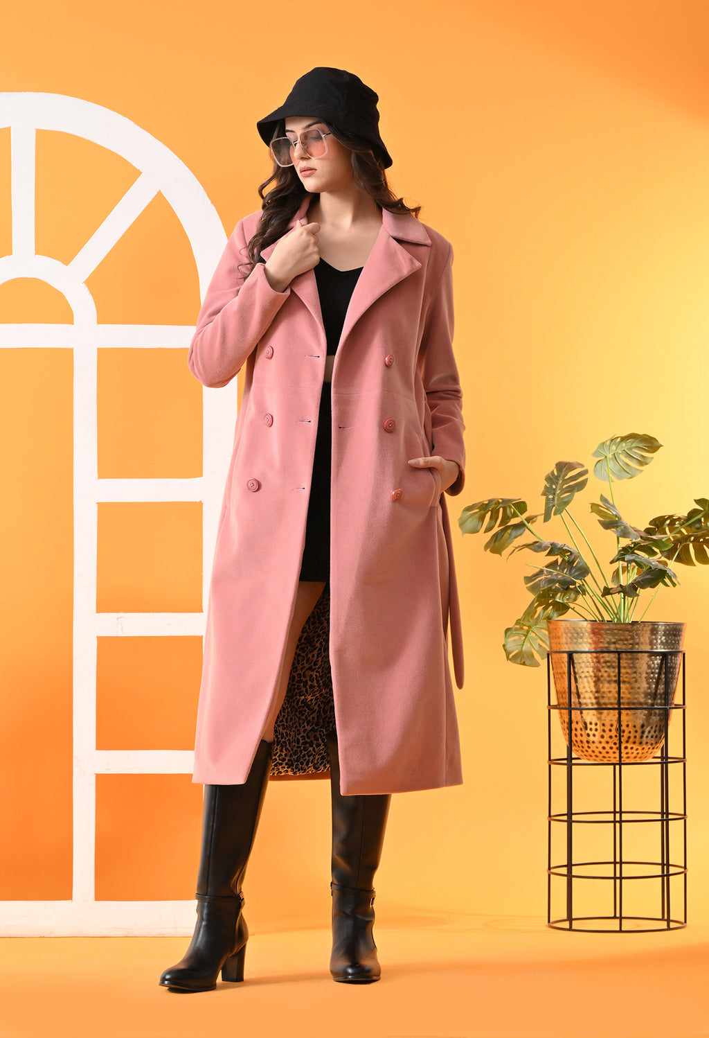 Notched Lapel Double-Breasted Trench Pink Coat For Women