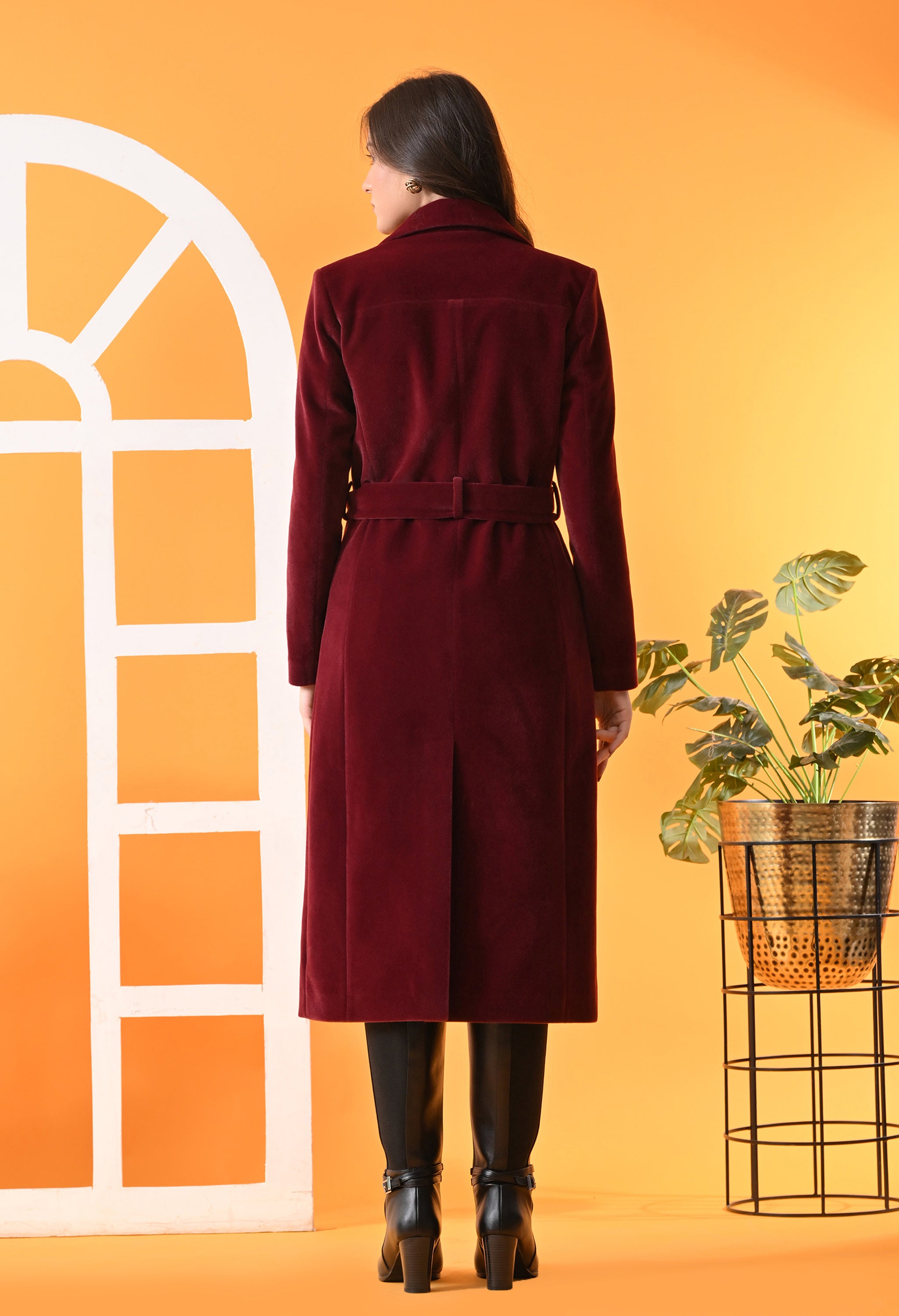 Notched Lapel Double-Breasted Trench Maroon Coat For Women