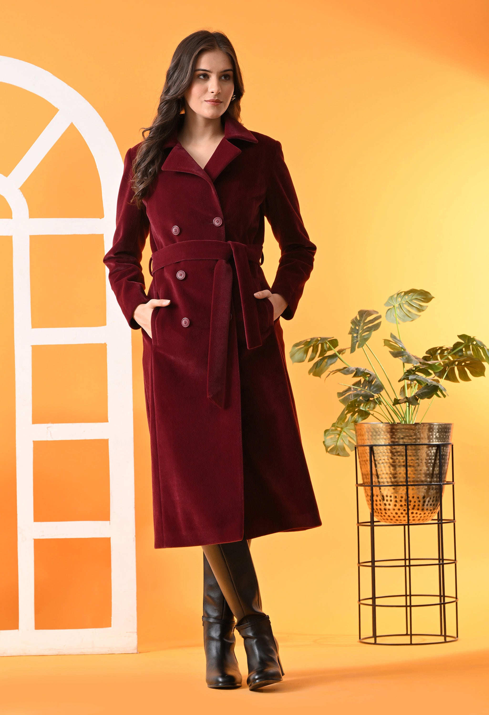 Notched Lapel Double-Breasted Trench Maroon Coat For Women