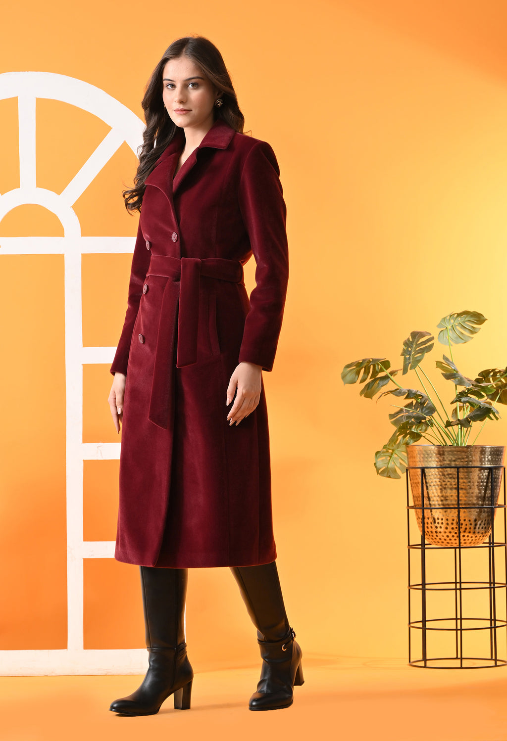 Notched Lapel Double-Breasted Trench Maroon Coat For Women