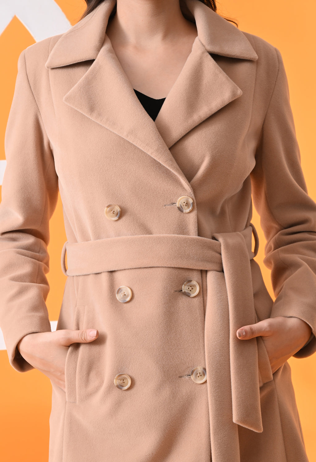 Notched Lapel Double-Breasted Trench Beige Coat For Women