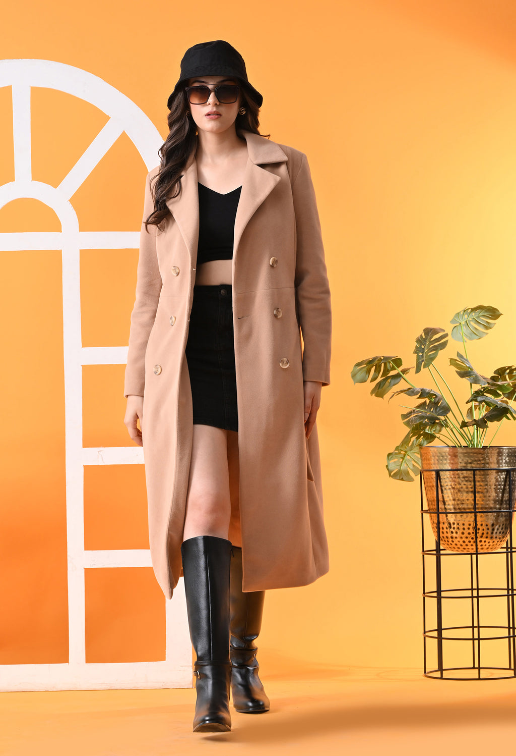 Notched Lapel Double-Breasted Trench Beige Coat For Women