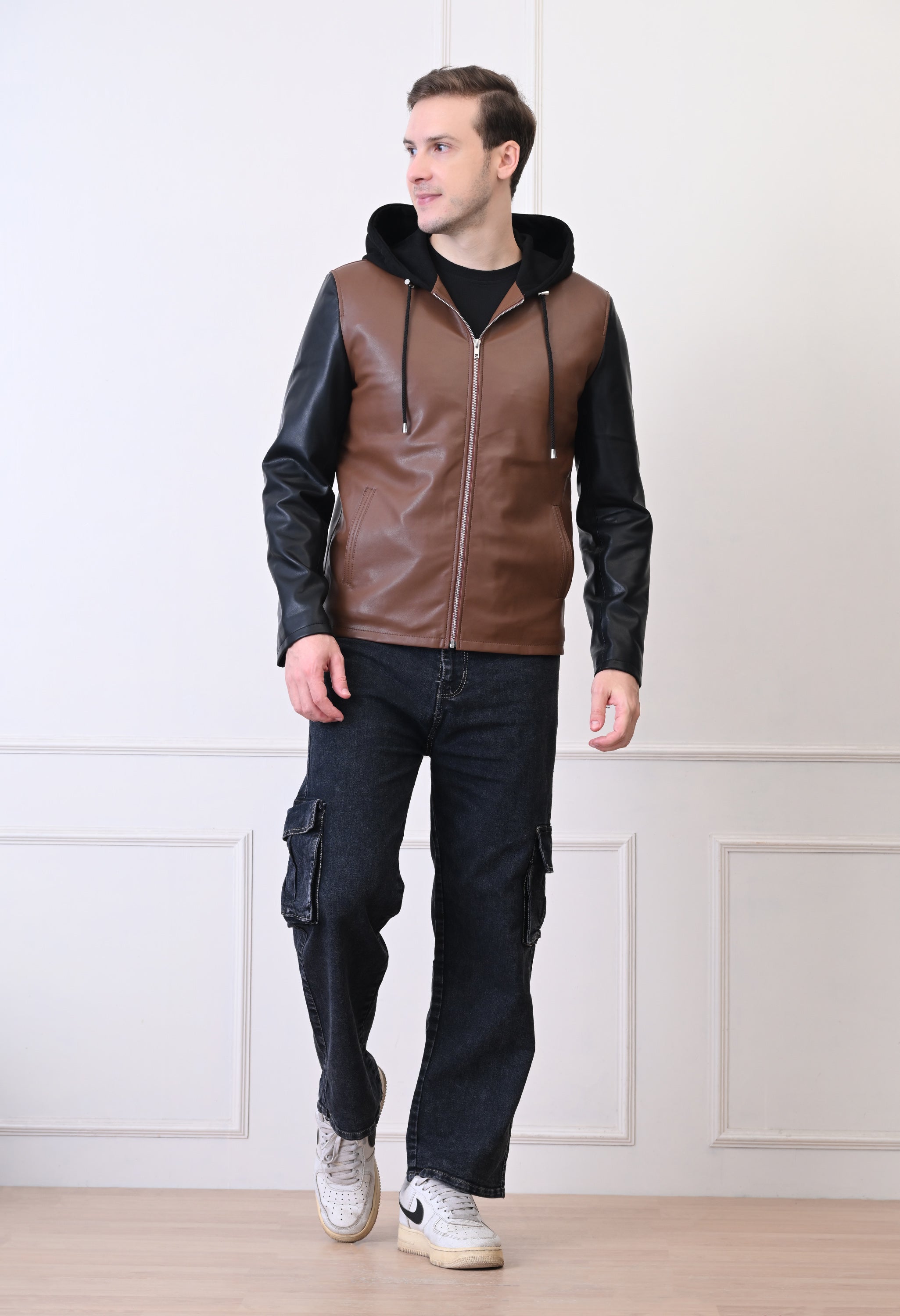 Men Hood Collar Solid Casual Biker Jacket