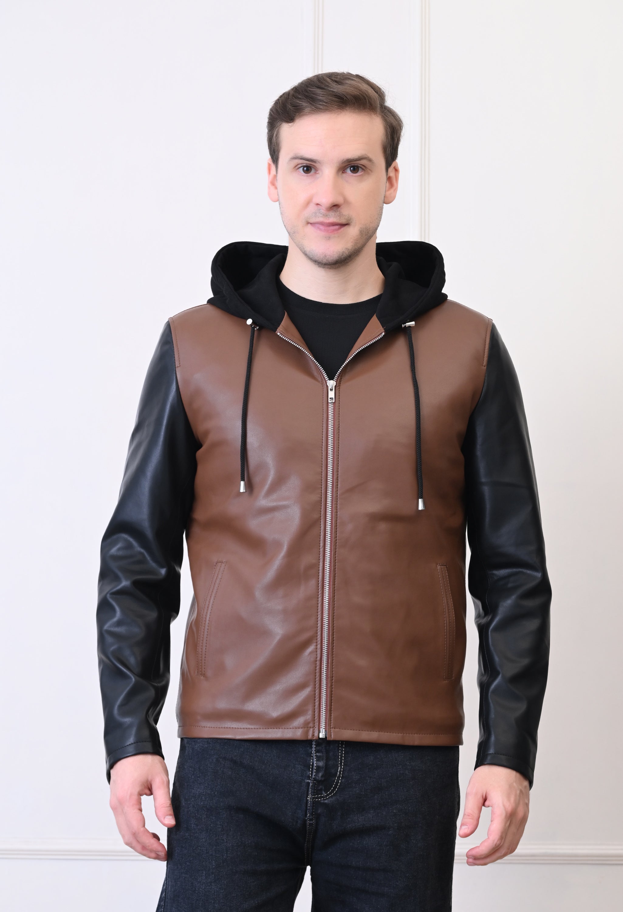 Men Hood Collar Solid Casual Tan Biker Jacket