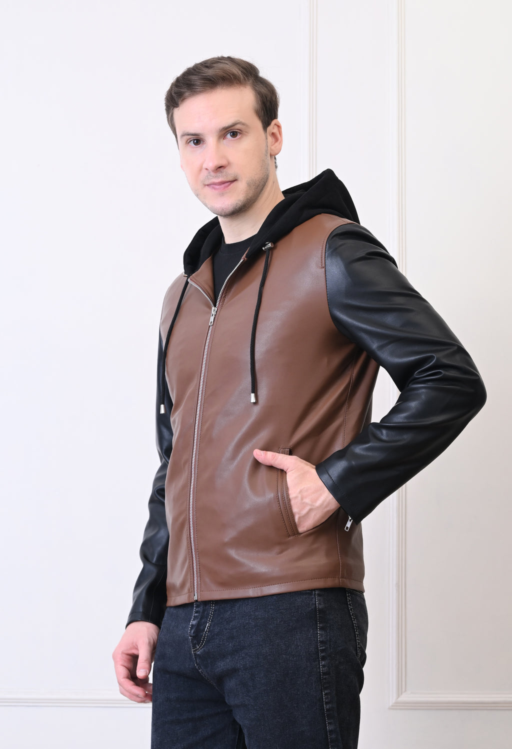 Men Hood Collar Solid Casual Biker Jacket