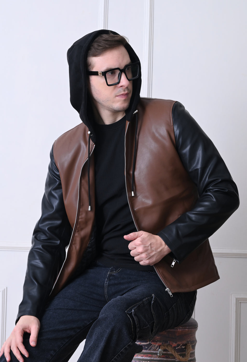 Men Hood Collar Solid Casual Biker Jacket