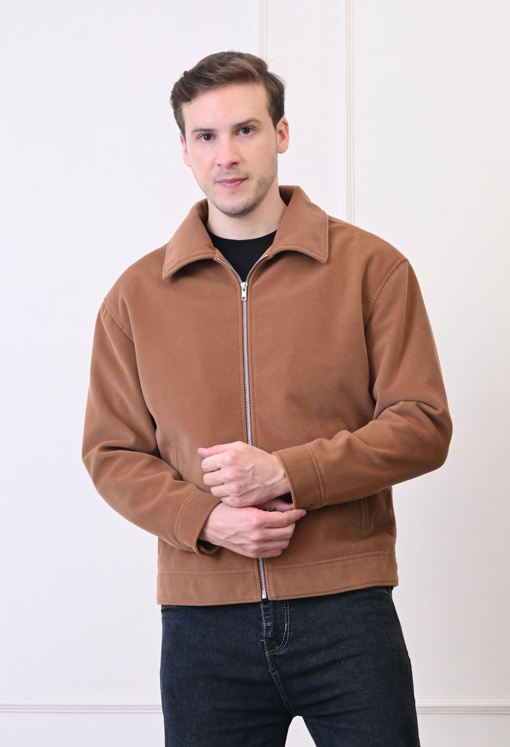 Men Suede Lightweight Tan Bomber Jacket