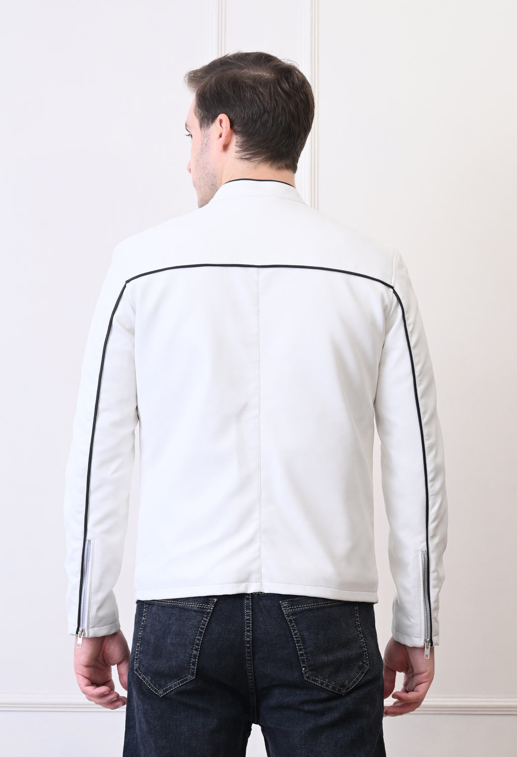 Men Lapel Collar Solid Casual White Biker Jacket