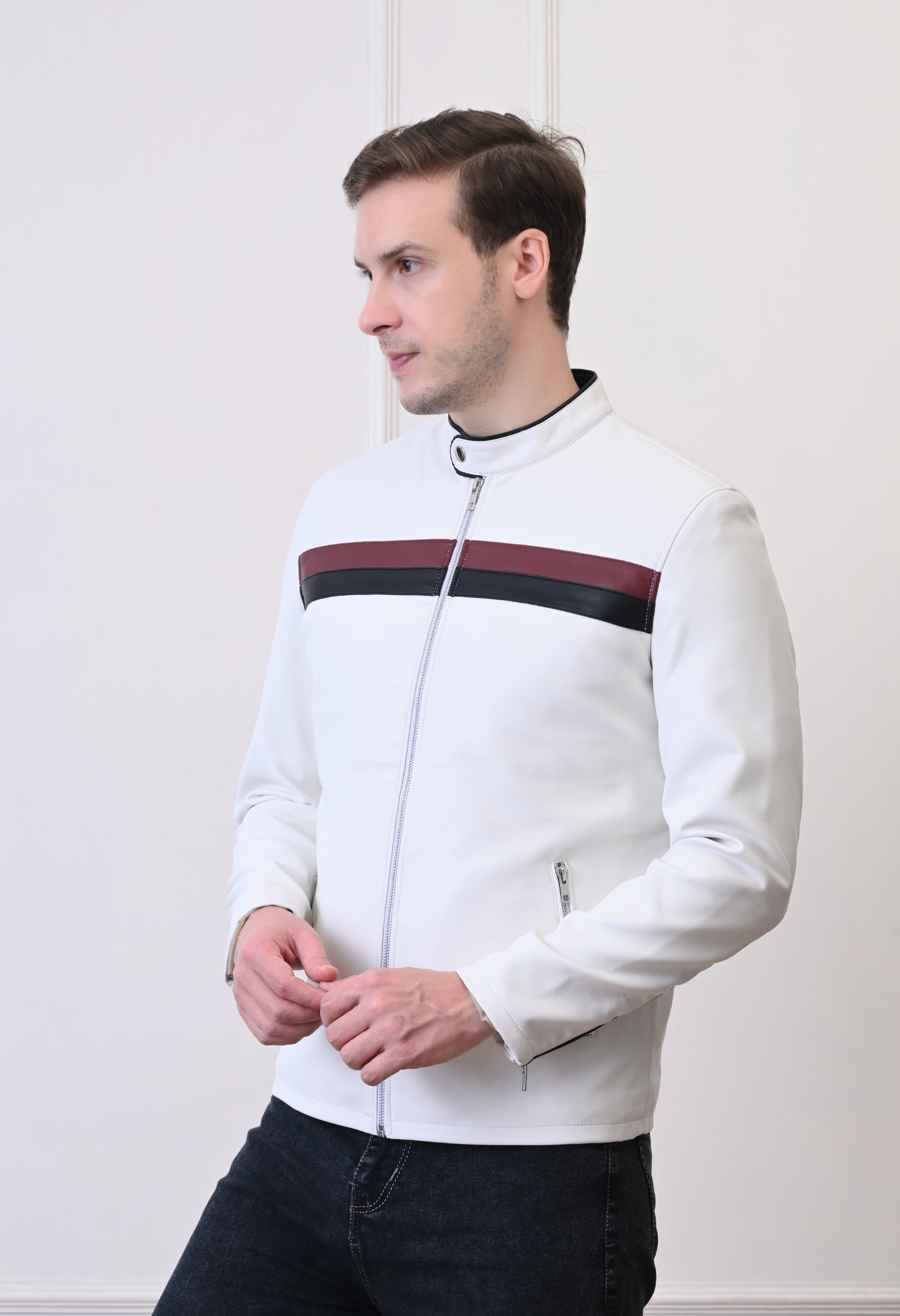 Men Lapel Collar Solid Casual White Biker Jacket