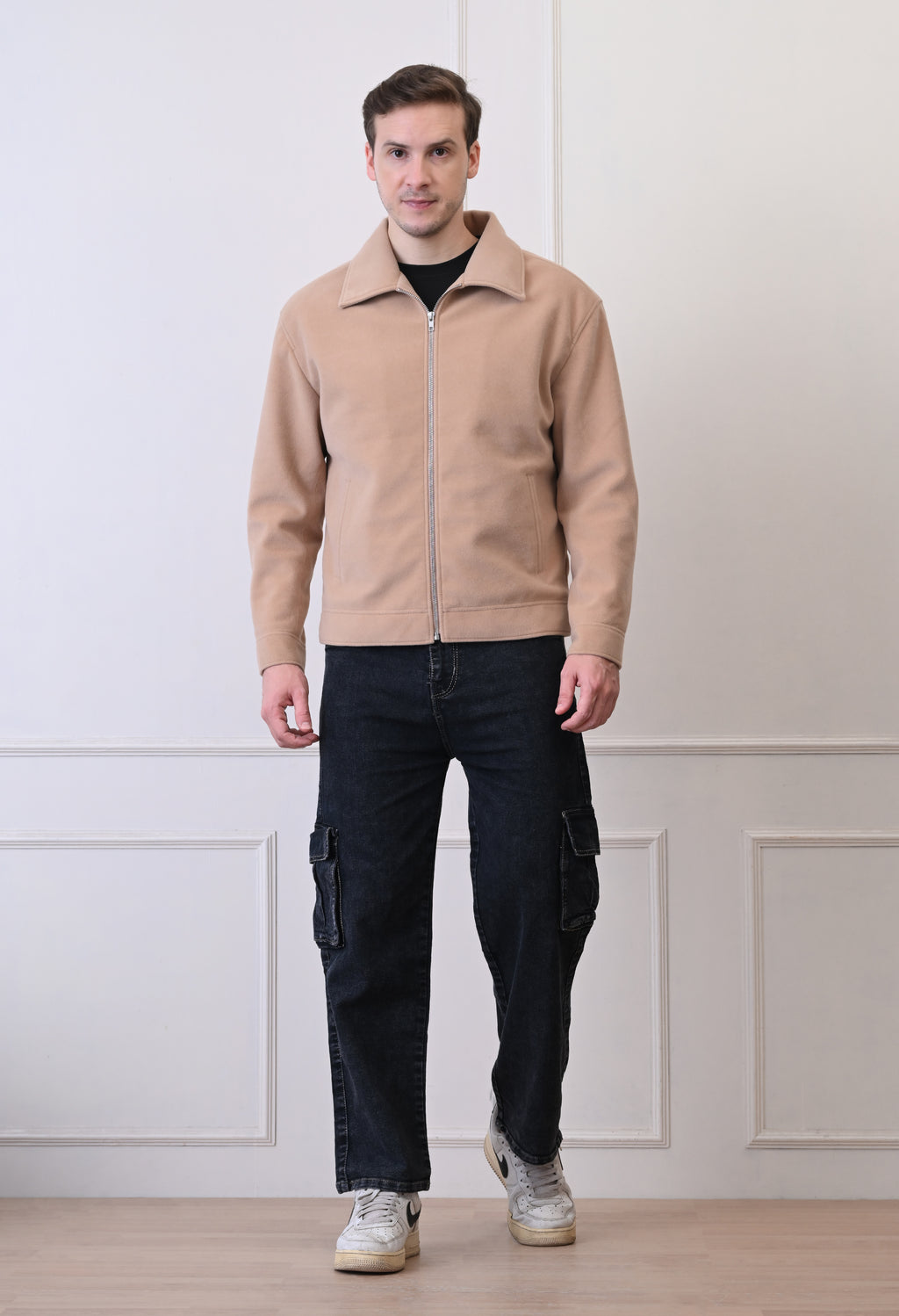 Men Suede Lightweight Beige Bomber Jacket