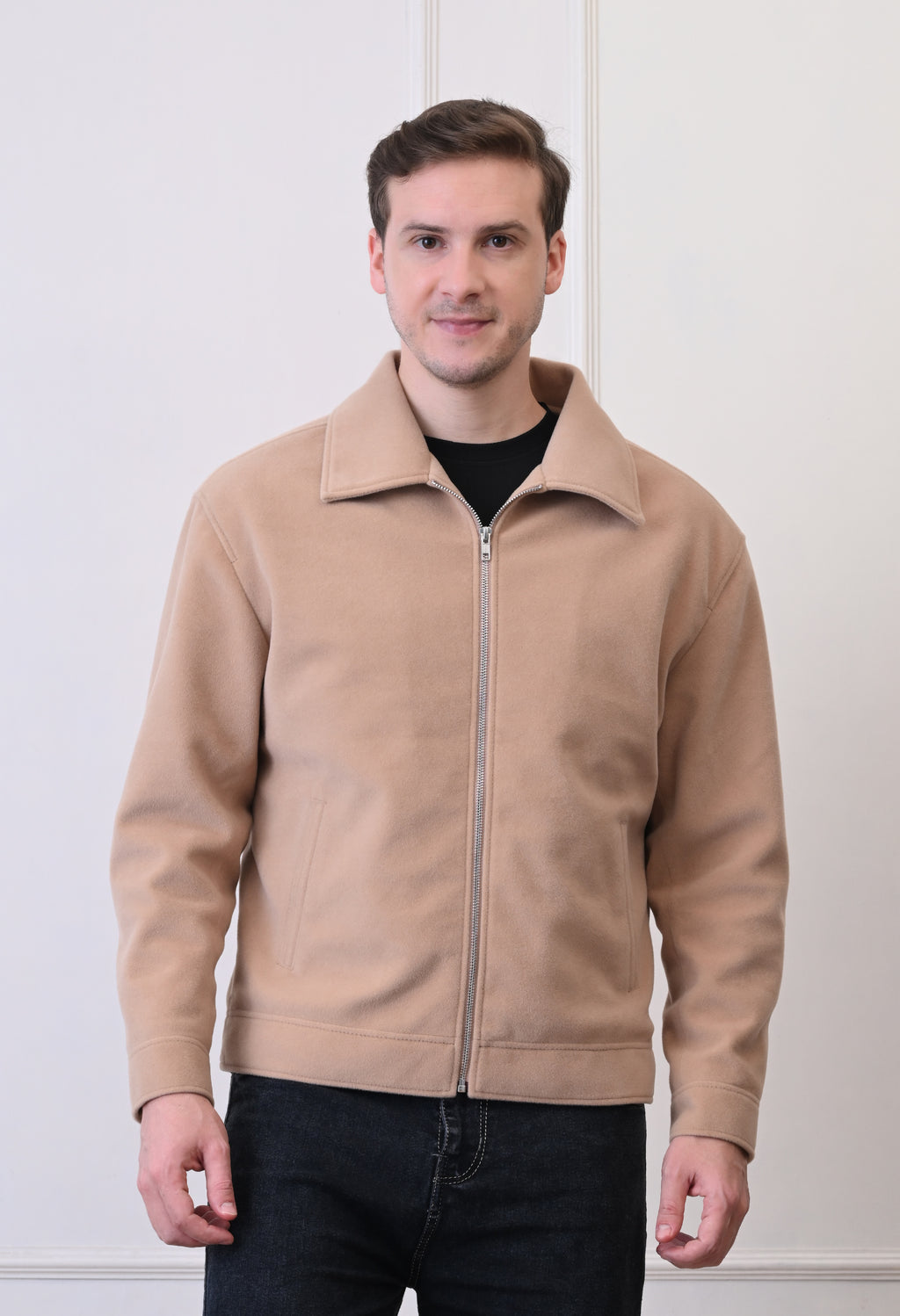 Men Suede Lightweight Beige Bomber Jacket