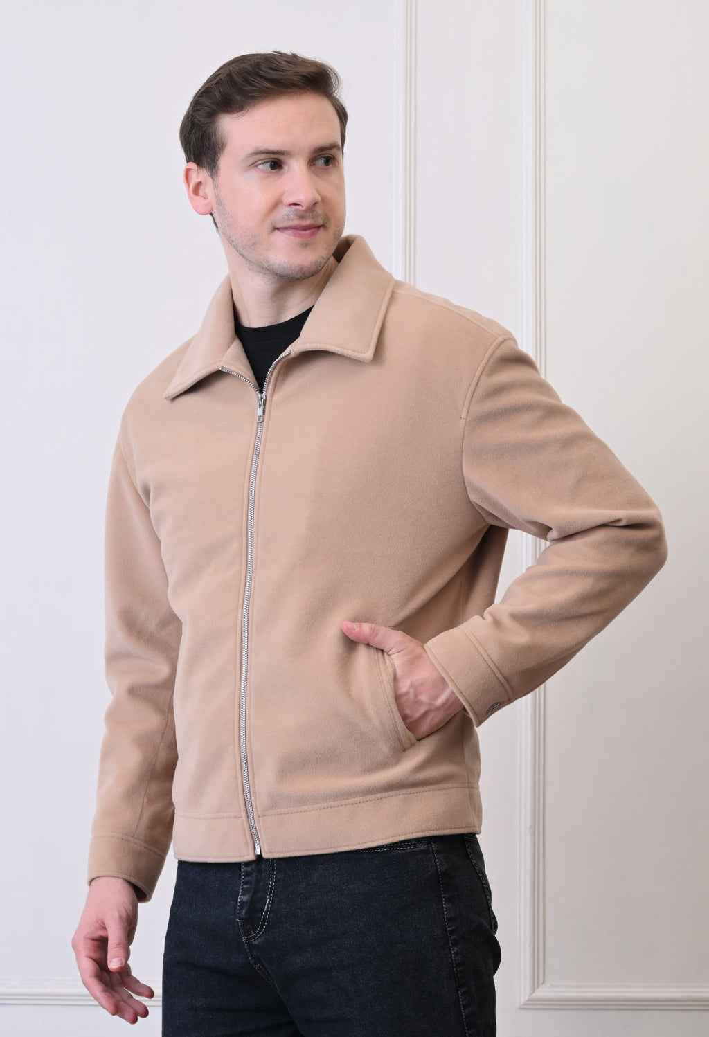Men Suede Lightweight Beige Bomber Jacket