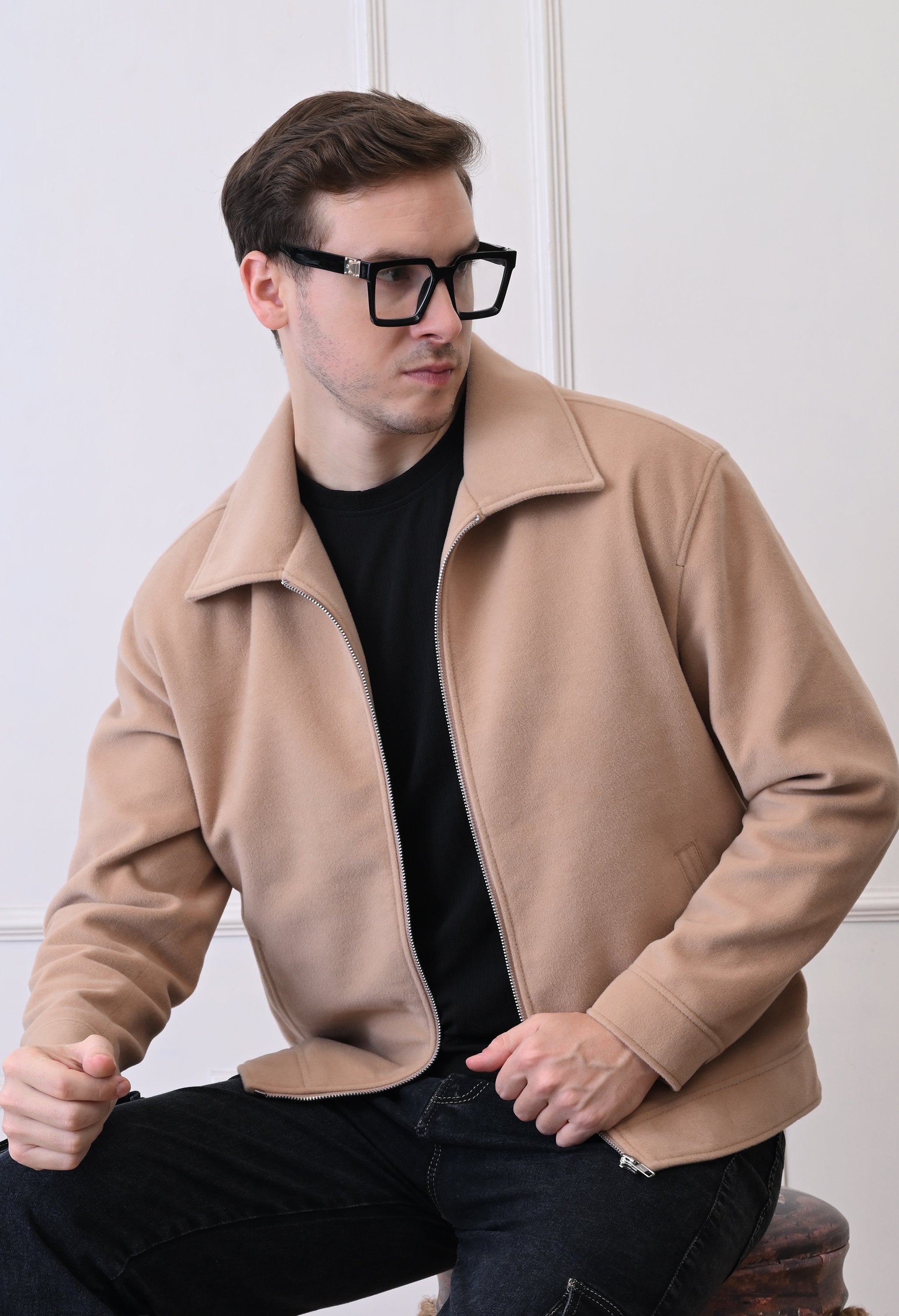 Men Suede Lightweight Beige Bomber Jacket