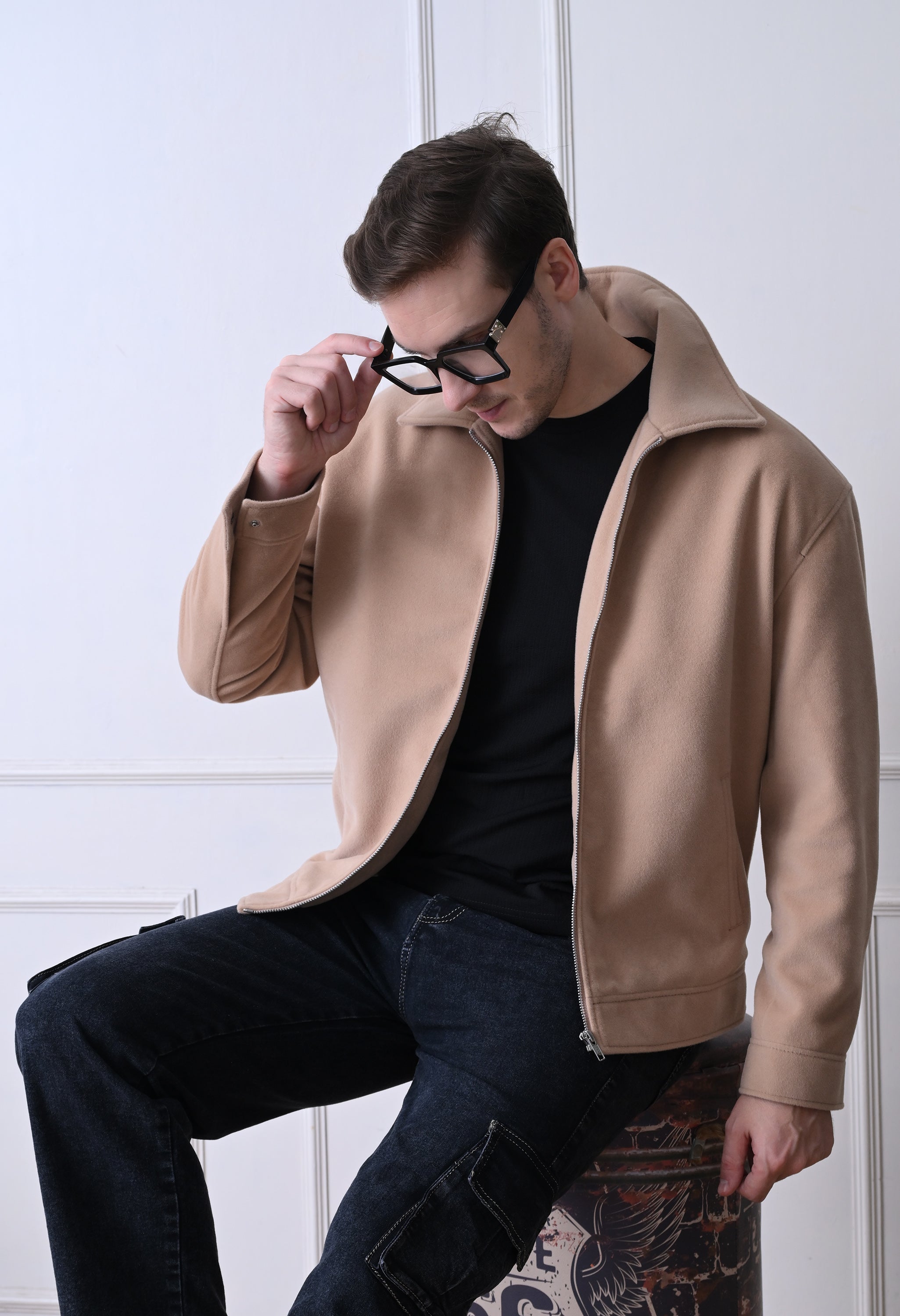Men Suede Lightweight Beige Bomber Jacket