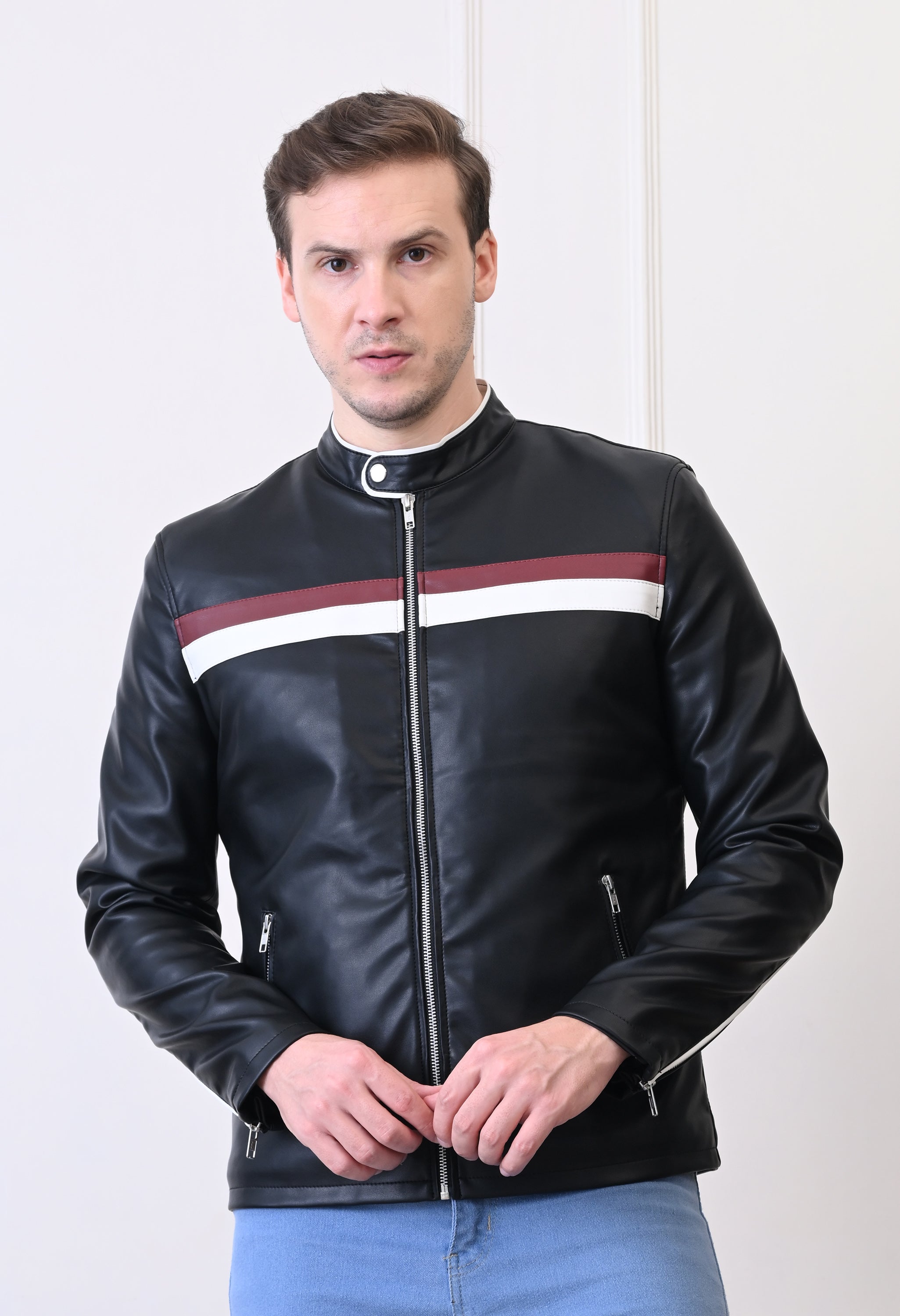 Men Lapel Collar Solid Casual Black Biker Jacket