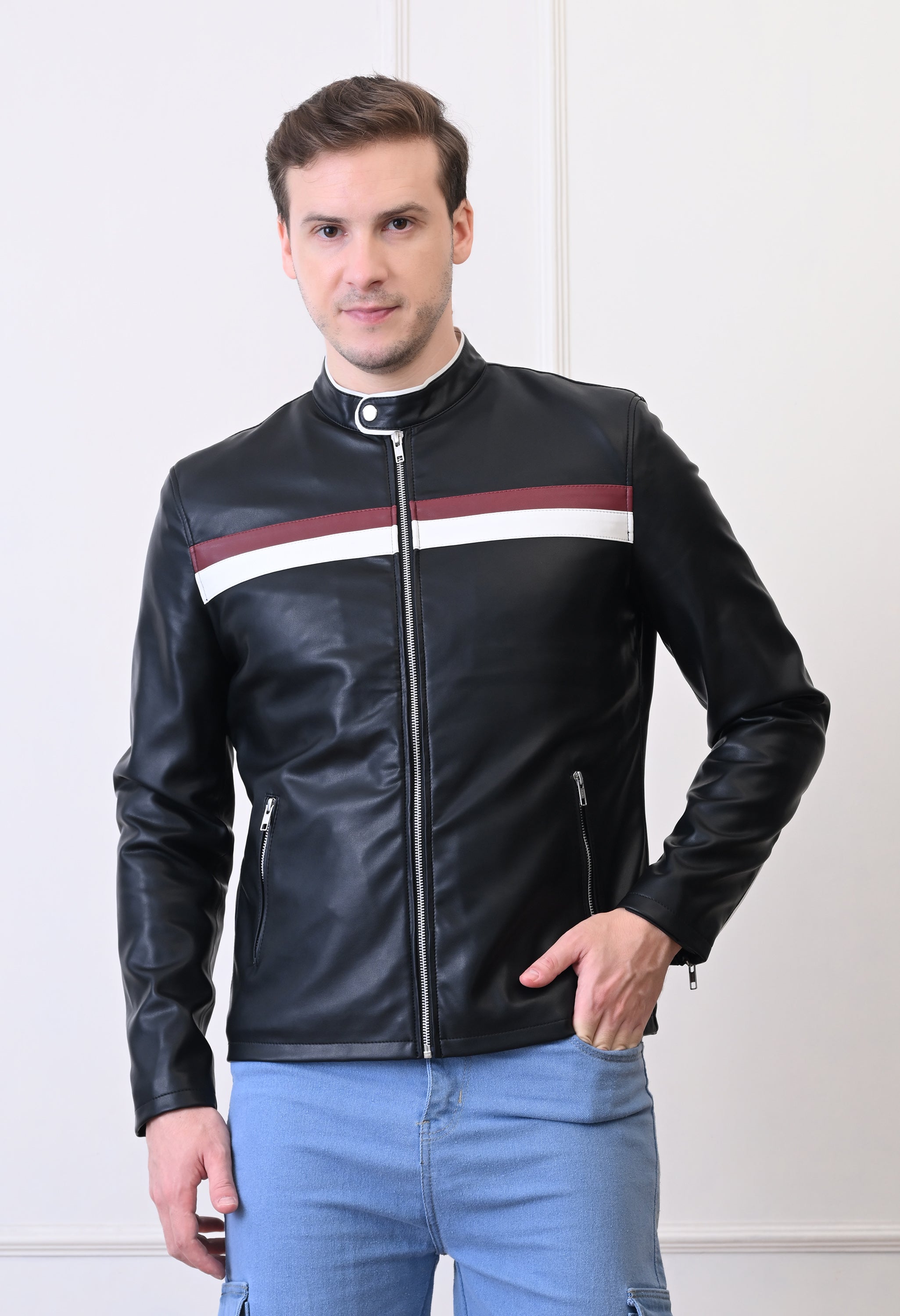 Men Lapel Collar Solid Casual Black Biker Jacket