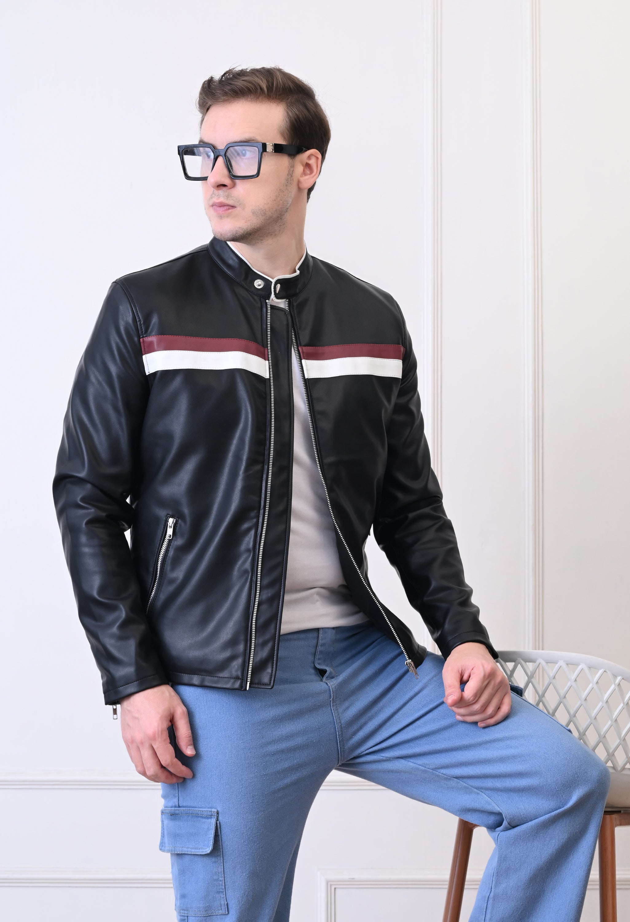 Men Lapel Collar Solid Casual Black Biker Jacket