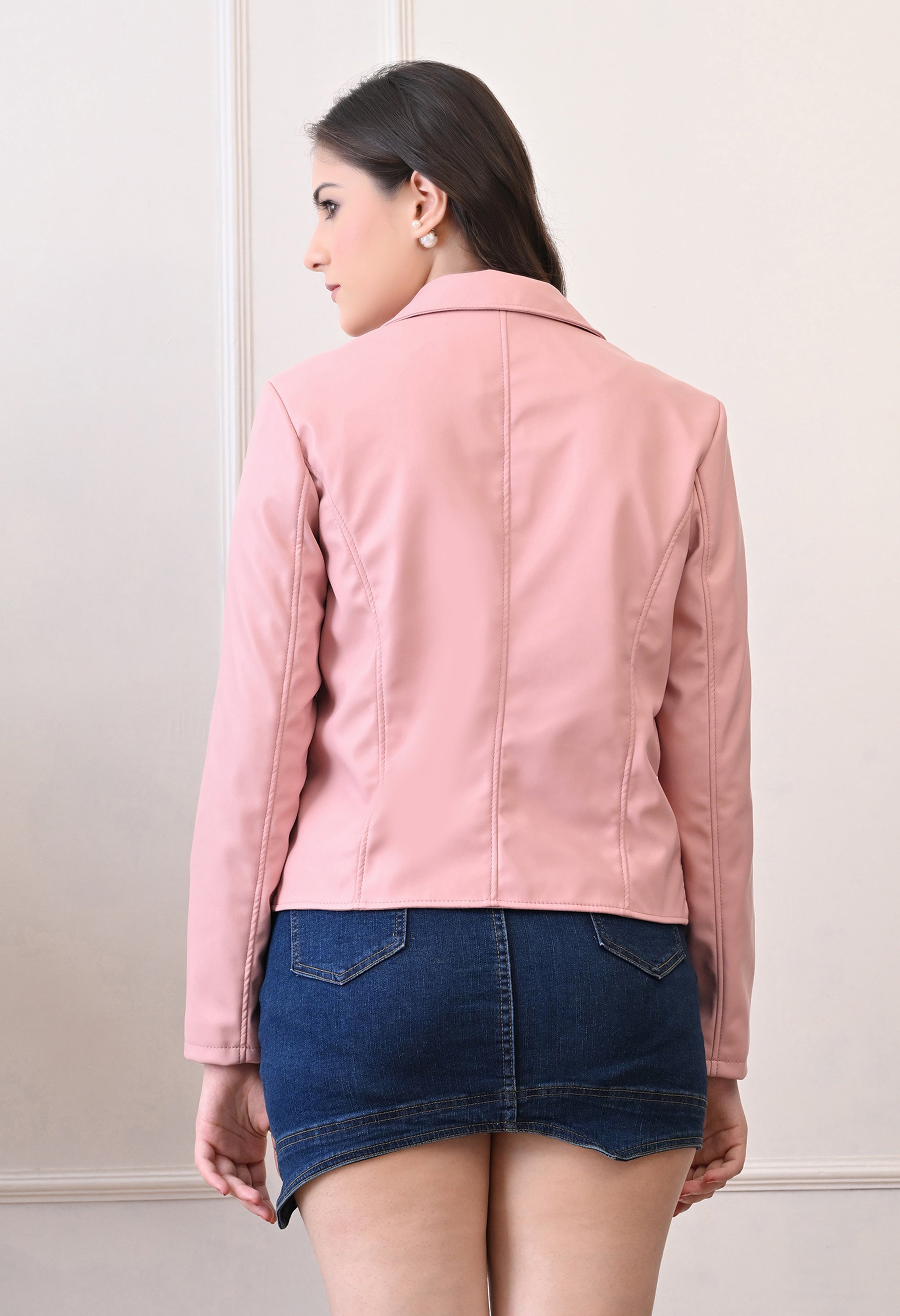 Lapel Collar Leather Water Resistant Crop Outdoor Bomber Pink Jacket For Women